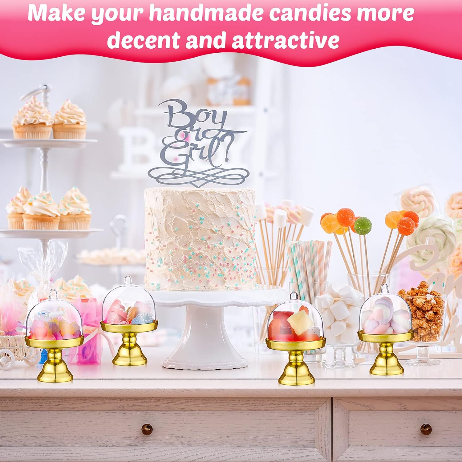 24 Pieces Plastic Mini Cake Stand with Dome Cover Chocolate Candy Cupcake Containers Dessert Display Plate with Dome Cover for Birthday Wedding Holiday Party Supplies (Gold, Transparent)