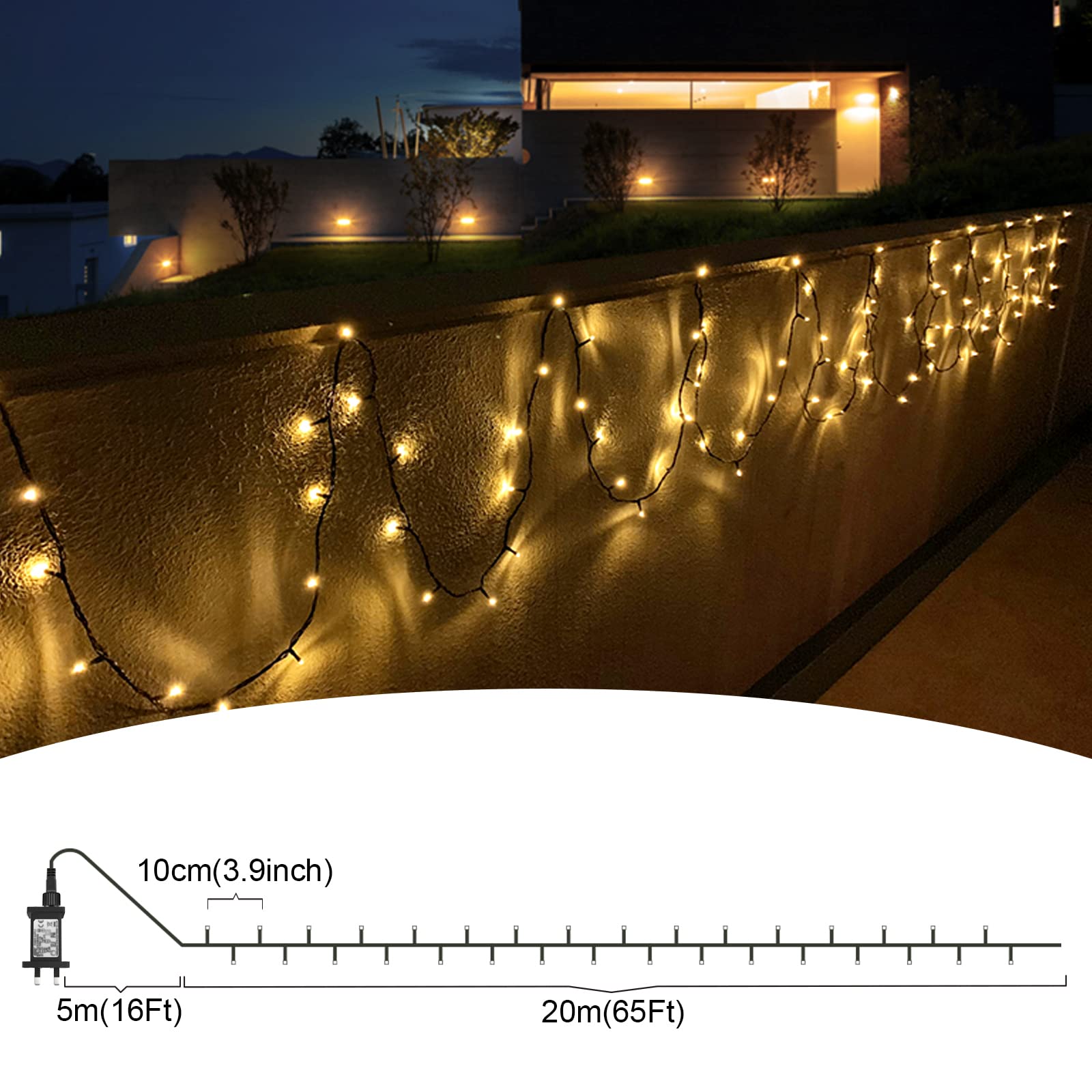 cshare Bożonarodzeniowy łańcuch świetlny na zewnątrz, 20 m, 200 diod LED, prąd z timerem, 8 trybów pracy, wodoszczelny, na choinkę, do ogrodu, na zewnątrz, do wnętrz, ciepła biel