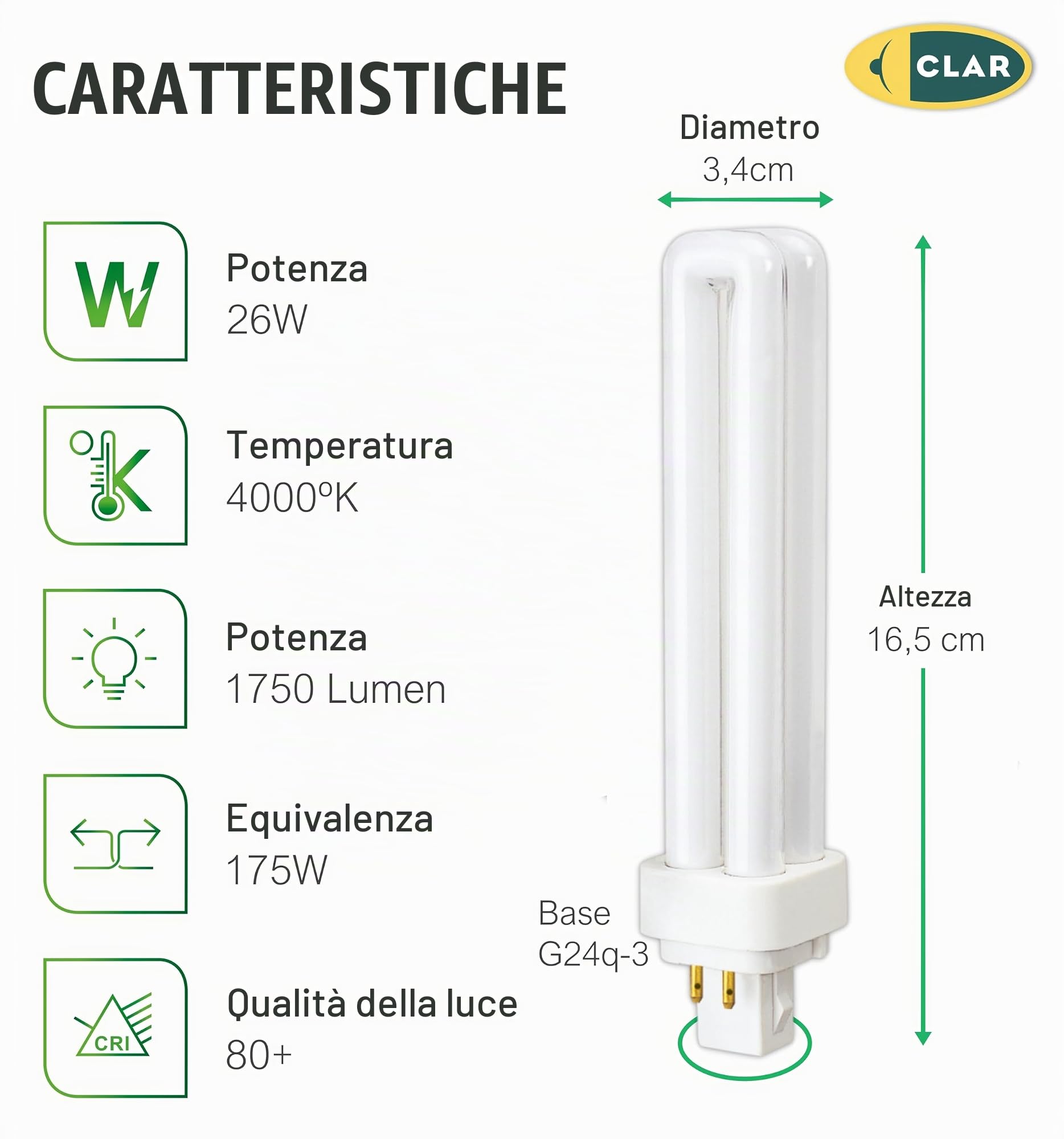 CLAR - Lampadina PLC Gemini D/E 26W Luce Naturale 4000K G24q-3 L, Non Regolabile (Pack 10)