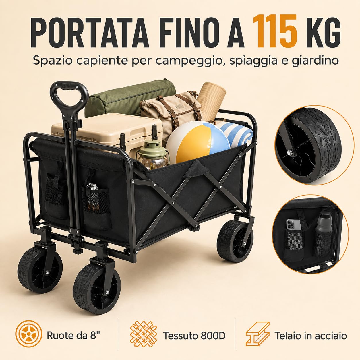 Carrello pieghevole, 115 kg, con due freni anteriori e tasche laterali
