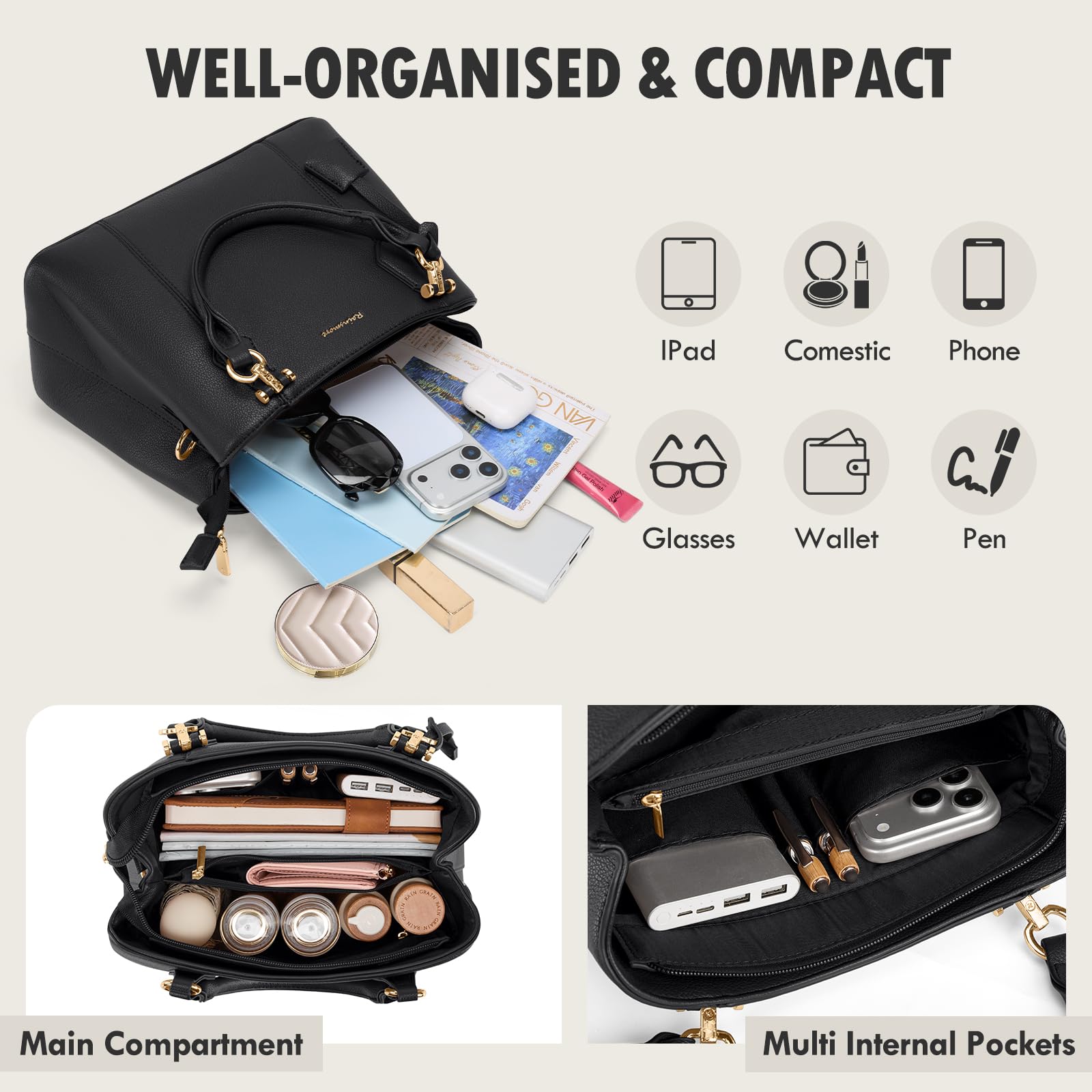 RAINSMORE Handtasche Damen Mittelgroß PU Leder Damenhandtaschen Klein Henkeltaschen Damen Umhängetasche Tasche Damen Tote Bag Schultertaschen Schwarz