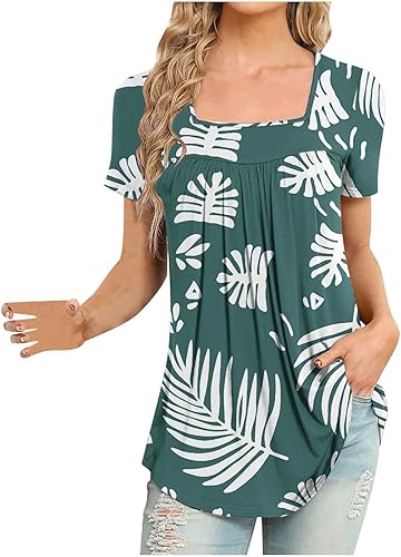 Square Neck Tops for Women 2023 Summer Short Sleeve Floral Printed T-Shirts Shirts Elegant Casual Pleated Tunic Blouse