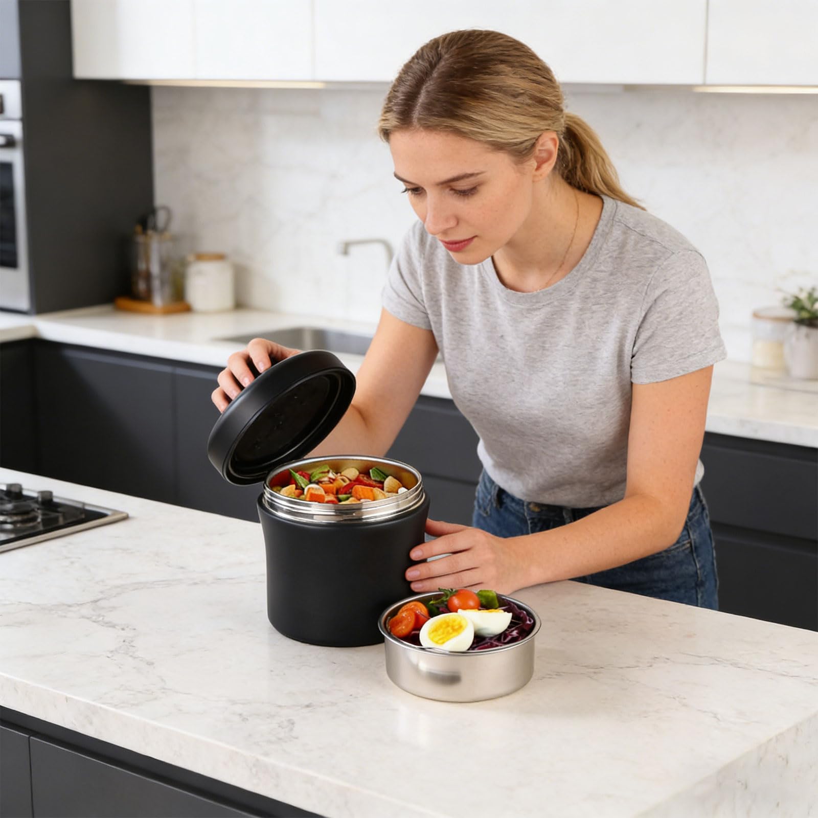 PANGBOER Barattolo per alimenti isolato di grande capacità da 1,5 l, con coperchio sicuro, rimane caldo o freddo per ore, ideale per viaggi, contenitore per il pranzo di grande capacità
