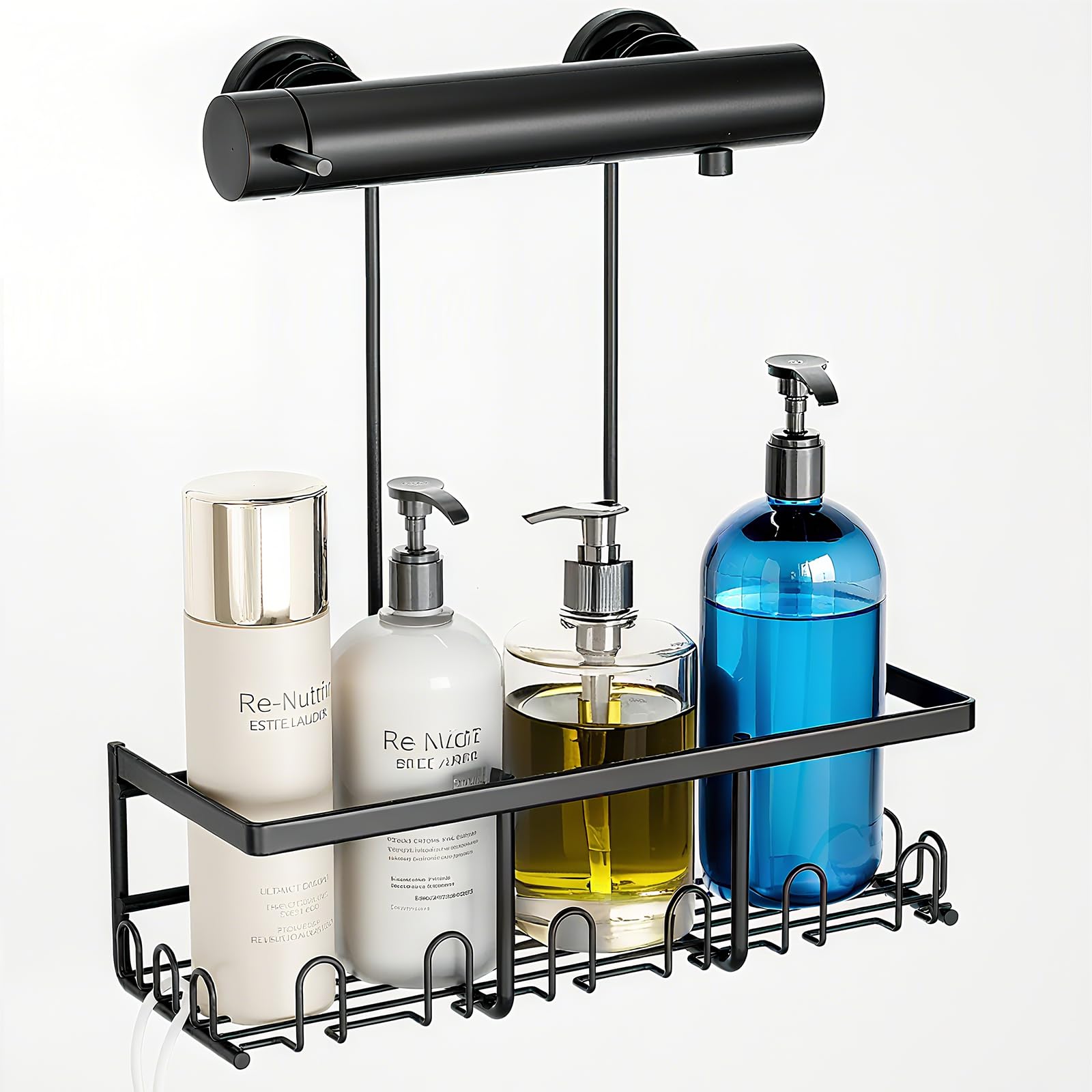 RUIHANDA Shower Shelf for Hanging - Shower Shelf No Drilling | Shower Shelf Hanging with 12 Hooks | Shampoo Holder for Shower (Black)