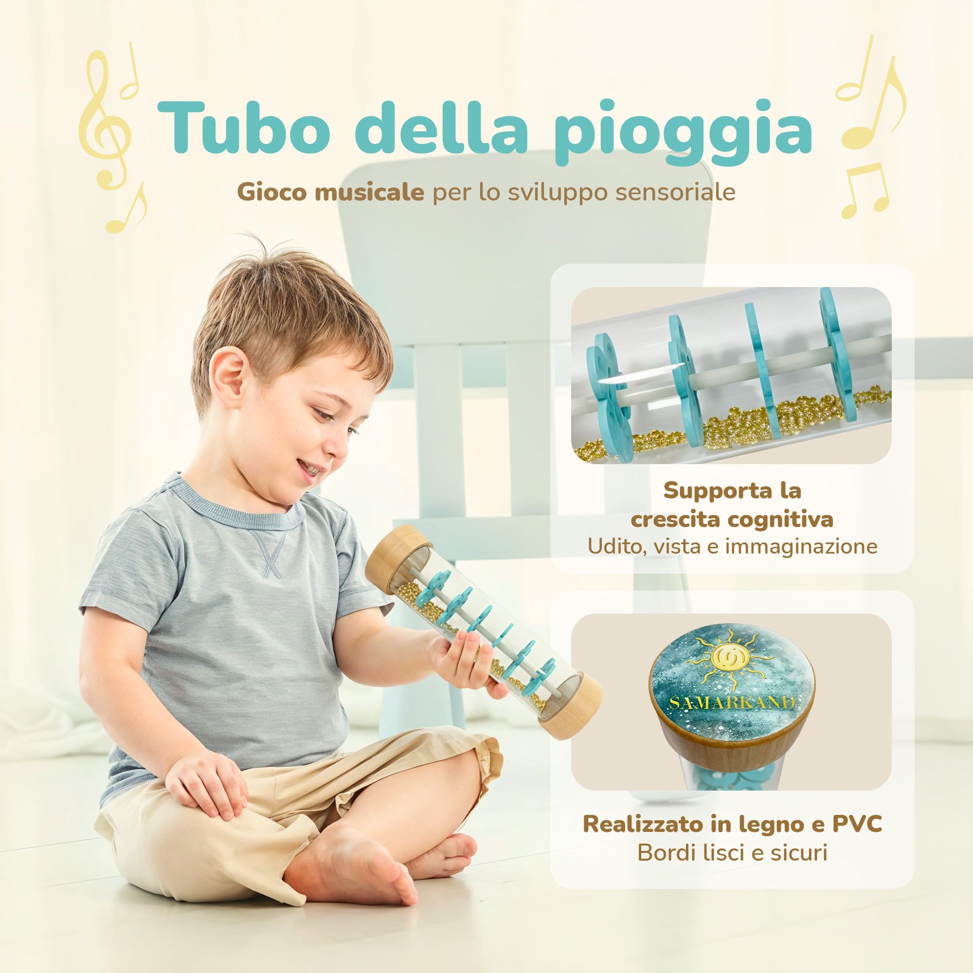 Strumenti Musicali Bambini - Kit sensoriale con Kalimba, Tamburo Oceanico E Bastone Della Pioggia: Suoni Per Calmare, Stimolare Creatività E Ritmo - Giochi Bambini 2 Anni, Giochi Bambini 1 Anno - 5