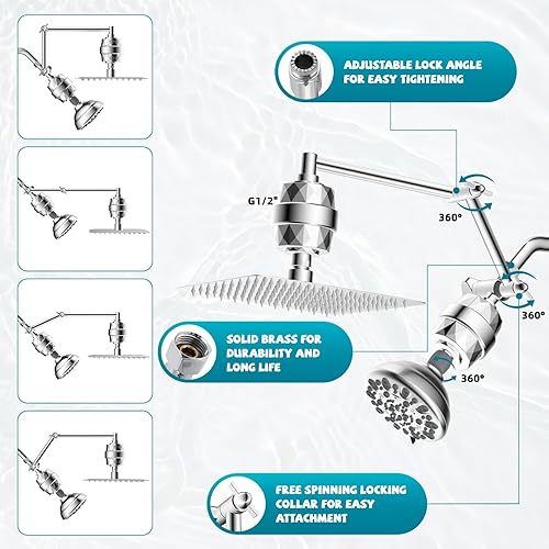 Miniatura 5 de iFealClear Combo de cabezal de ducha filtrado, lluvia doble de alta presión de 10 pulgadas con cabezal fijo de 7 ajustes, brazo de extensión