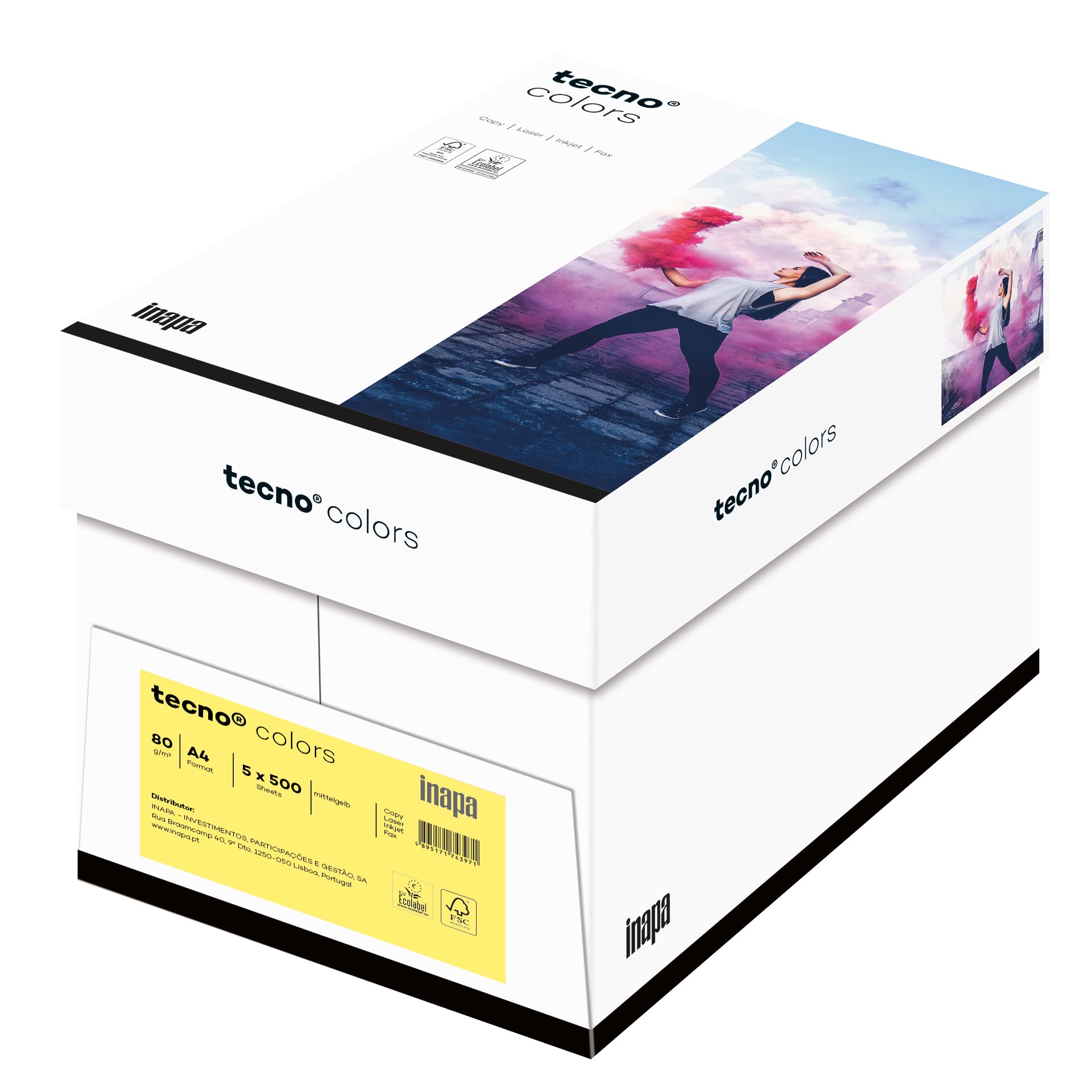 inapa farbiges Druckerpapier, buntes Papier tecno Colors: 80 g/m², A4, 2.500 Blatt (5x500), mittelgelb