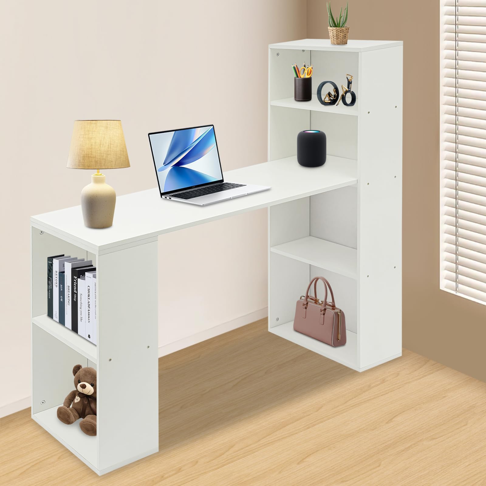 Scrivania con vano portaoggetti, scrivania per computer con ripiani aperti, tavolo da ufficio, bianco per camera da letto, studio, 52,4 x 120 x 120 cm