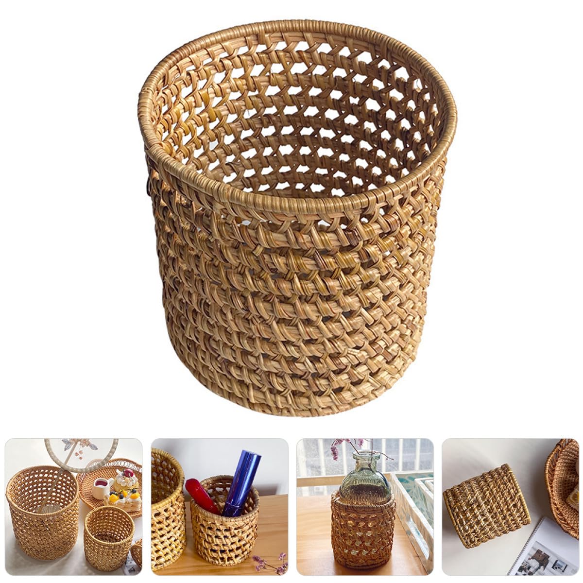 Zerodeko Porte-stylo en Rotin Tressé Naturel, Pot à Crayons Multifonction Petit Format Ø8x8 Cm, Organiseur de Stylos et Pinceaux de Maquillage pour Bureau et Maison