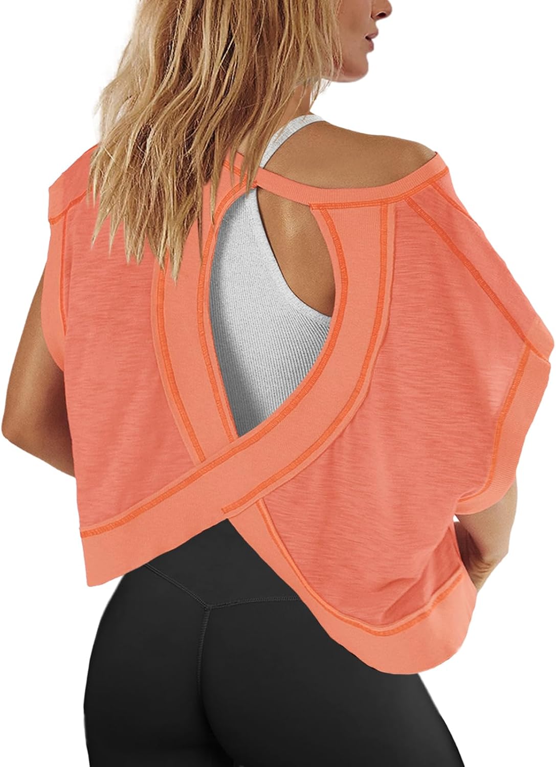 Panadila Womens Open Back Workout Top Oversized Workout T Shirts Backless Athletic Shirt Short Sleeve Baby Tee