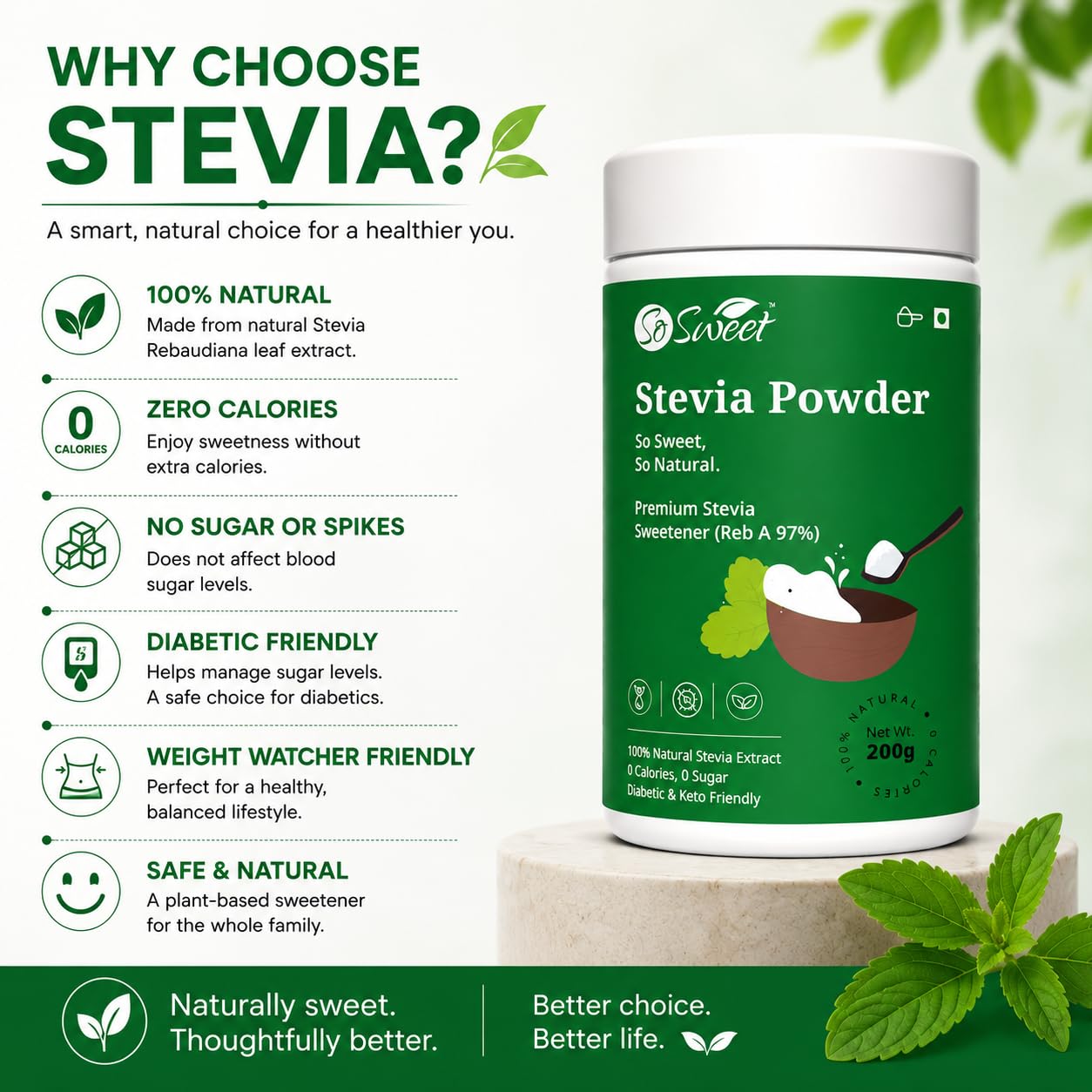 So Sweet Stevia Powder Sugar Free Natural Zero Calorie Sweetener 1000gm (Pack of 5) (200g Each) 1