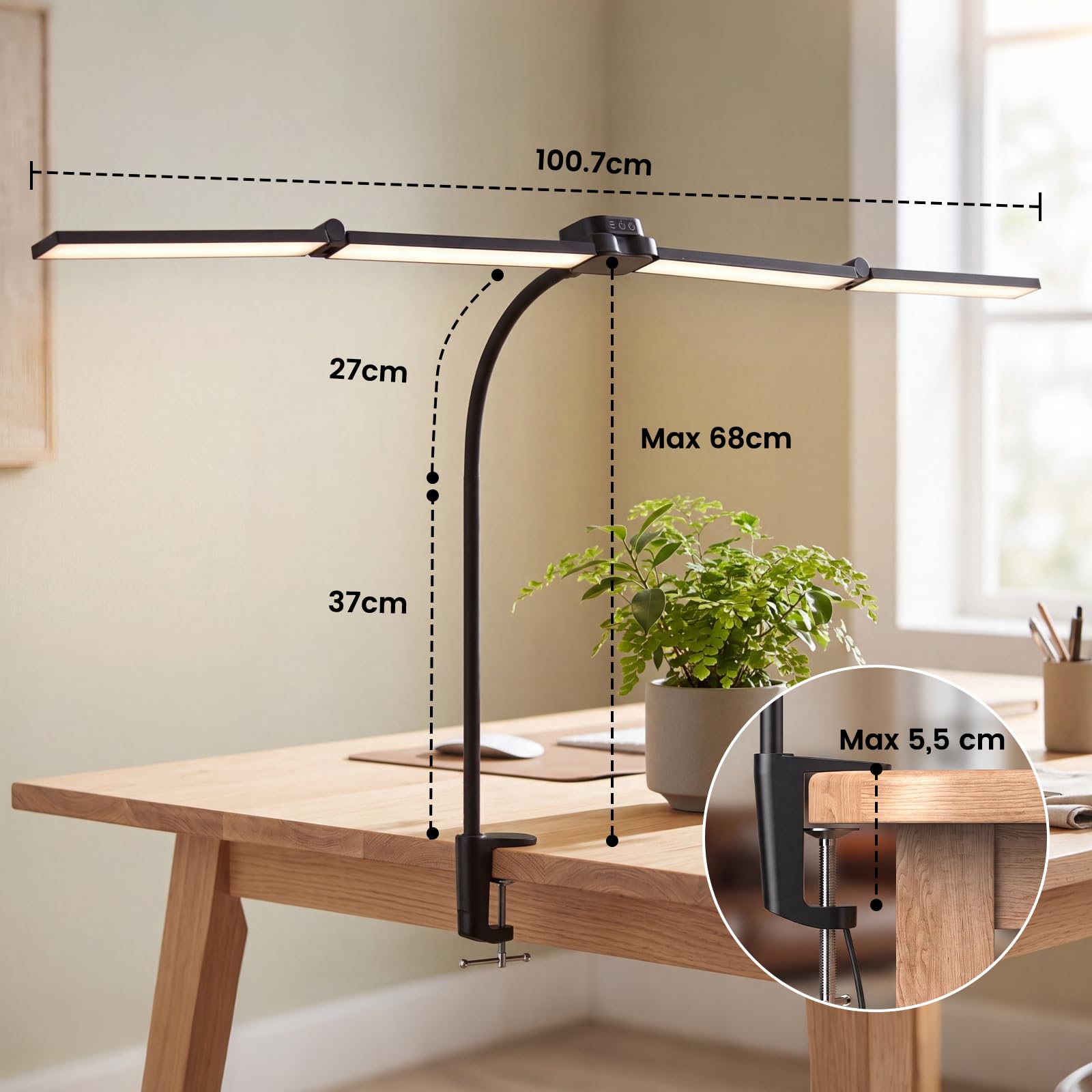 100cm LED Schreibtischlampe Klemmbar mit 4 Leuchtköpfen Dimmbar | 1800LM Augenschutz Tageslichtlampe, 360° Verstellbar Schwanenhals Tischlampe für Büro Zuhause Architekten Zeichnen Schwarz