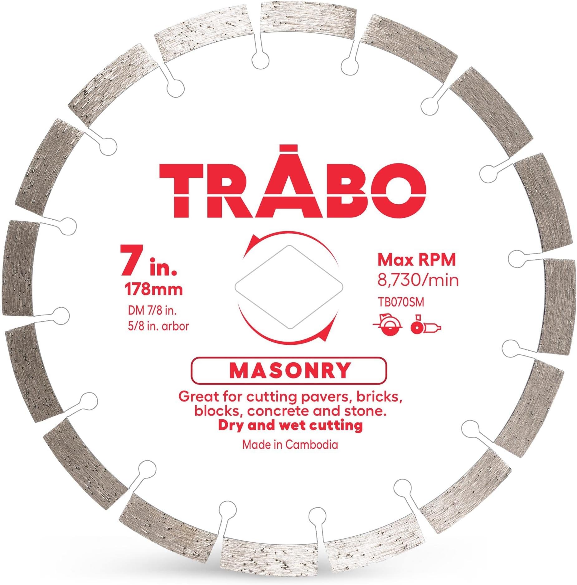 Trabo 7 Inch Masonry Segmented Rim Diamond Bond Blade for Cutting Cement, Pavers, Concrete with Rebar, Natural Stone and More, with 7/8 Inch Arbor with 5/8 Inch Reducer Ring