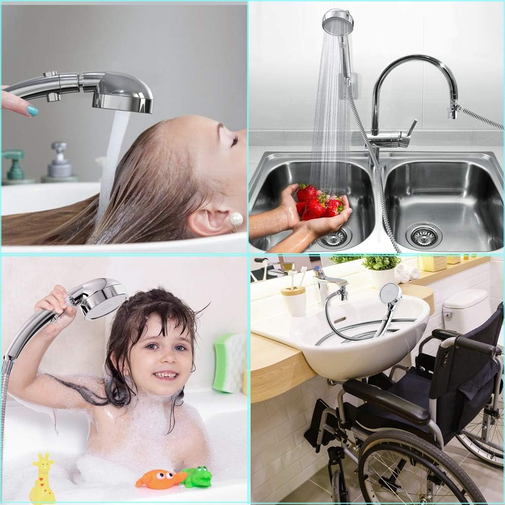 Amener High Pressure Adjustable Handheld Showerhead Water Saving Hand held Detachable Swivel Shower Head with 2M 6.23FT Stainless Steel Sink Hose Faucet Diverter Valve Aerator And Holder (silver)