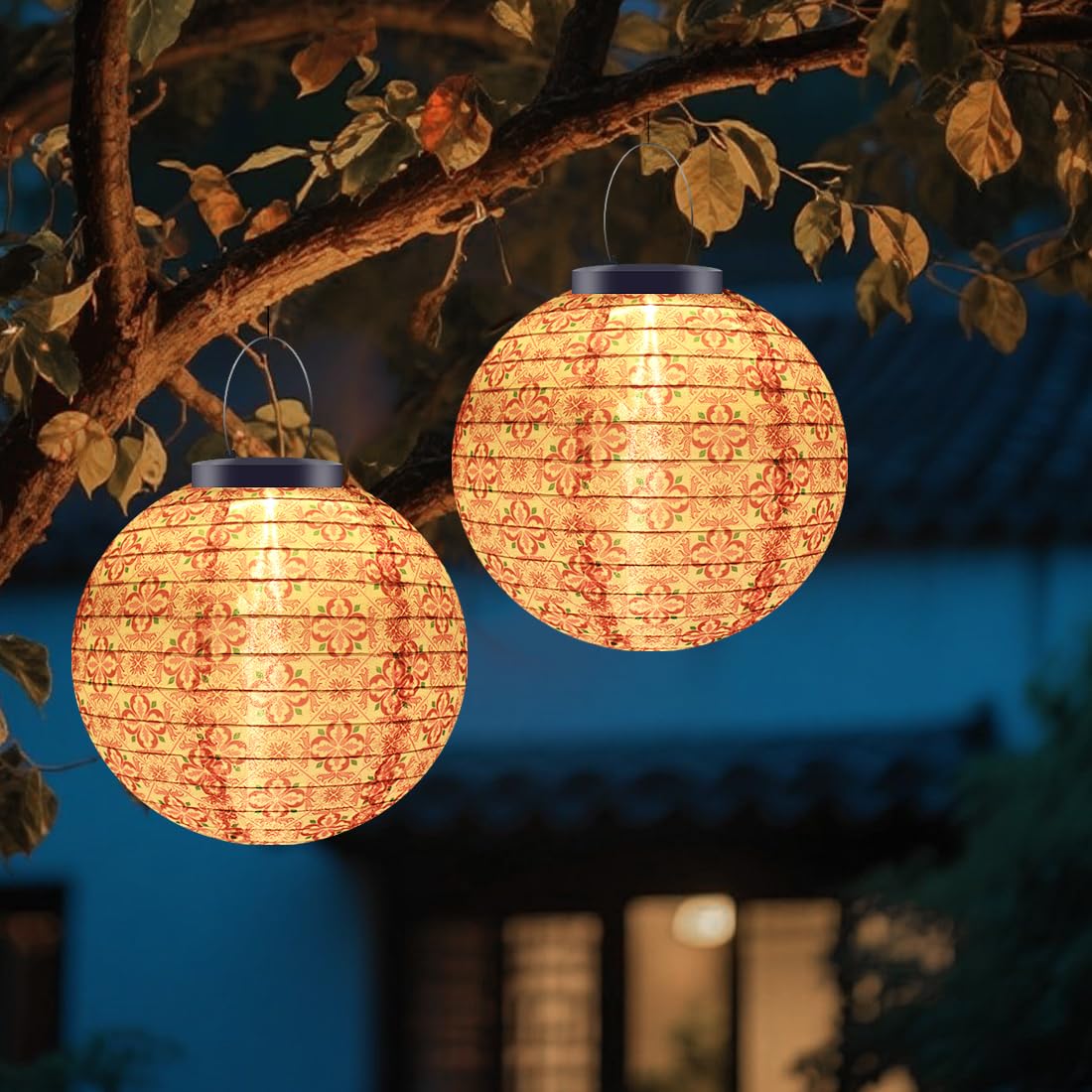 Wrqioo Red 2Pcs Solar Lights Outdoor Garden Lantern, 10In Hanging Solar Lanterns Outdoor Garden, Chinese L-Antern Sol-Ar Warm White Lig-Hts, Waterproof Nylon Cloth Sol-Ar G-Arden Lights Hanging