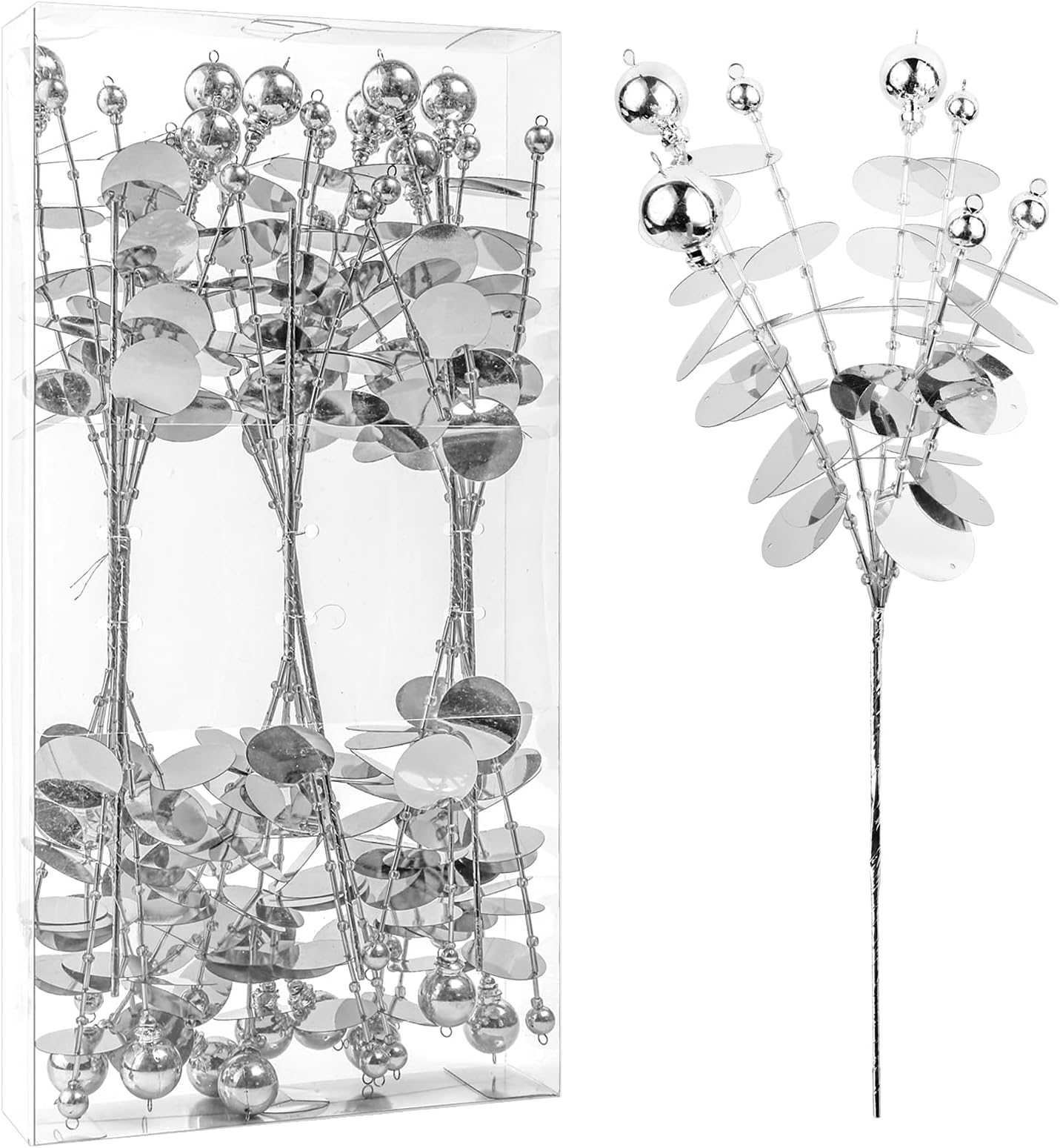 6PC Set 12" H Silver Christmas Ornaments Sequins Ball Pick, Christmas Tree Decorations Christmas Tree Topper Star Home Office Perfect Party Decorations Gifts