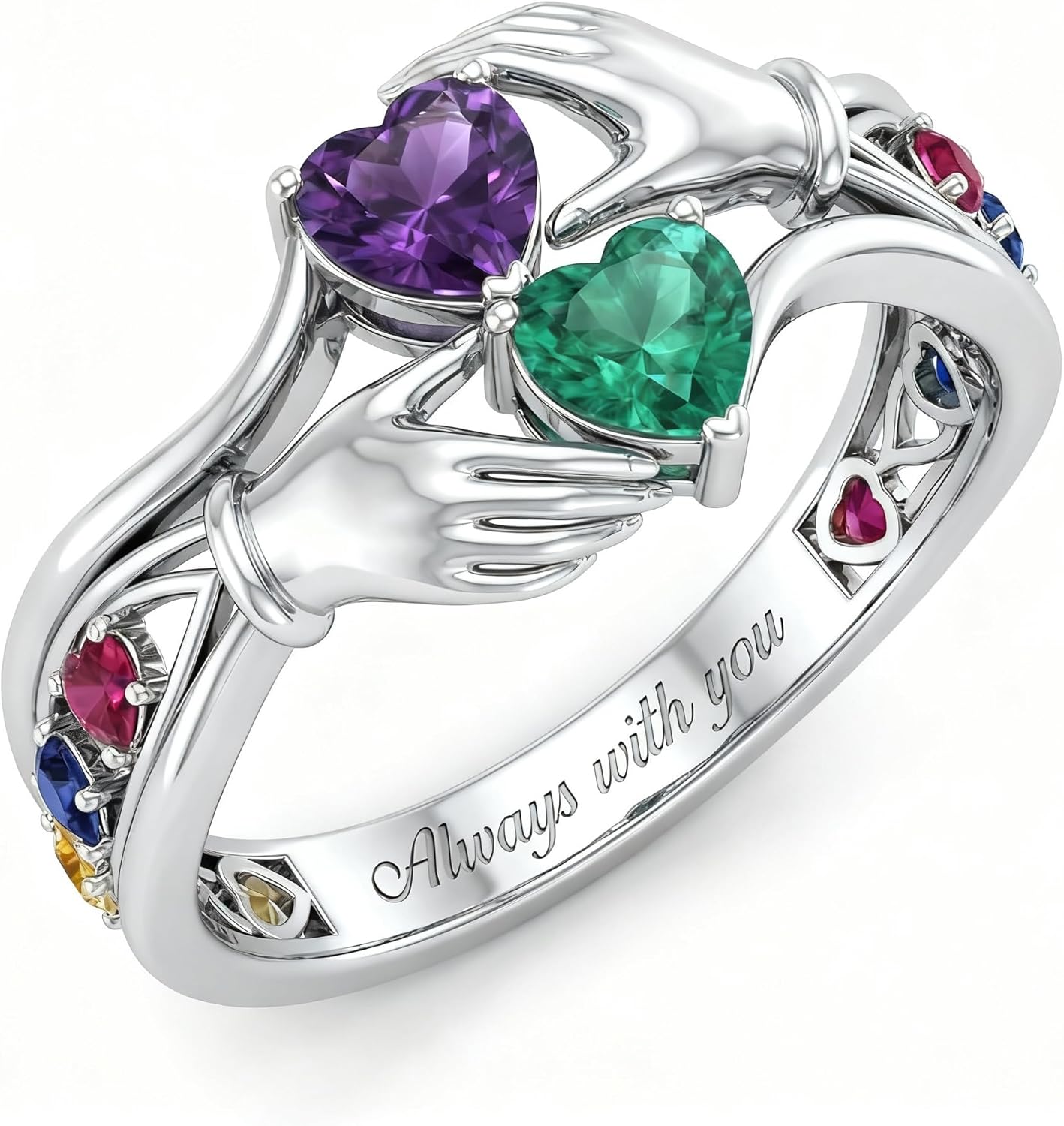 10K 14K 18K Real Gold Birthstone Hug Ring for Women Engraved 2 Birthstone Hugging Hands Ring Valentine's Day Engagement Wedding Gift