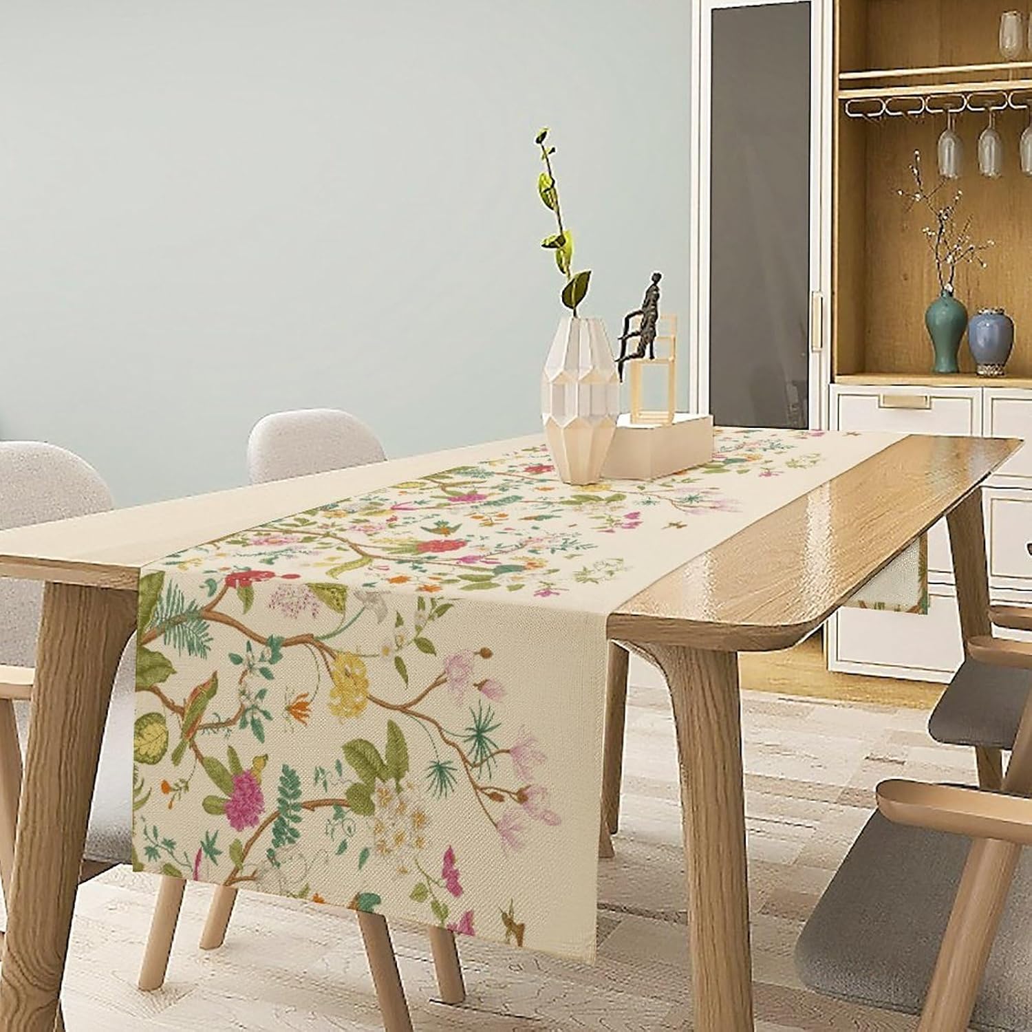 Floral Table Runner, Vintage Birds Wildflowers Herbs Nature Theme Linen Long Table Kitchen Dining Table Holiday Party Decorative Table Runner,13in（33cm） W * 120in（305cm） L