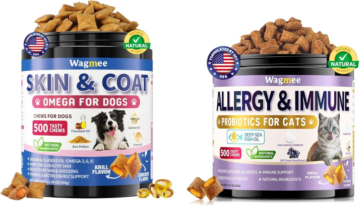 Omega 3 for Dogs & Allergy Relief for Cats, Crunchy & Creamy Chews for Itchy Skin, Seasonal Allergies, Immune, Skin & Coat Support
