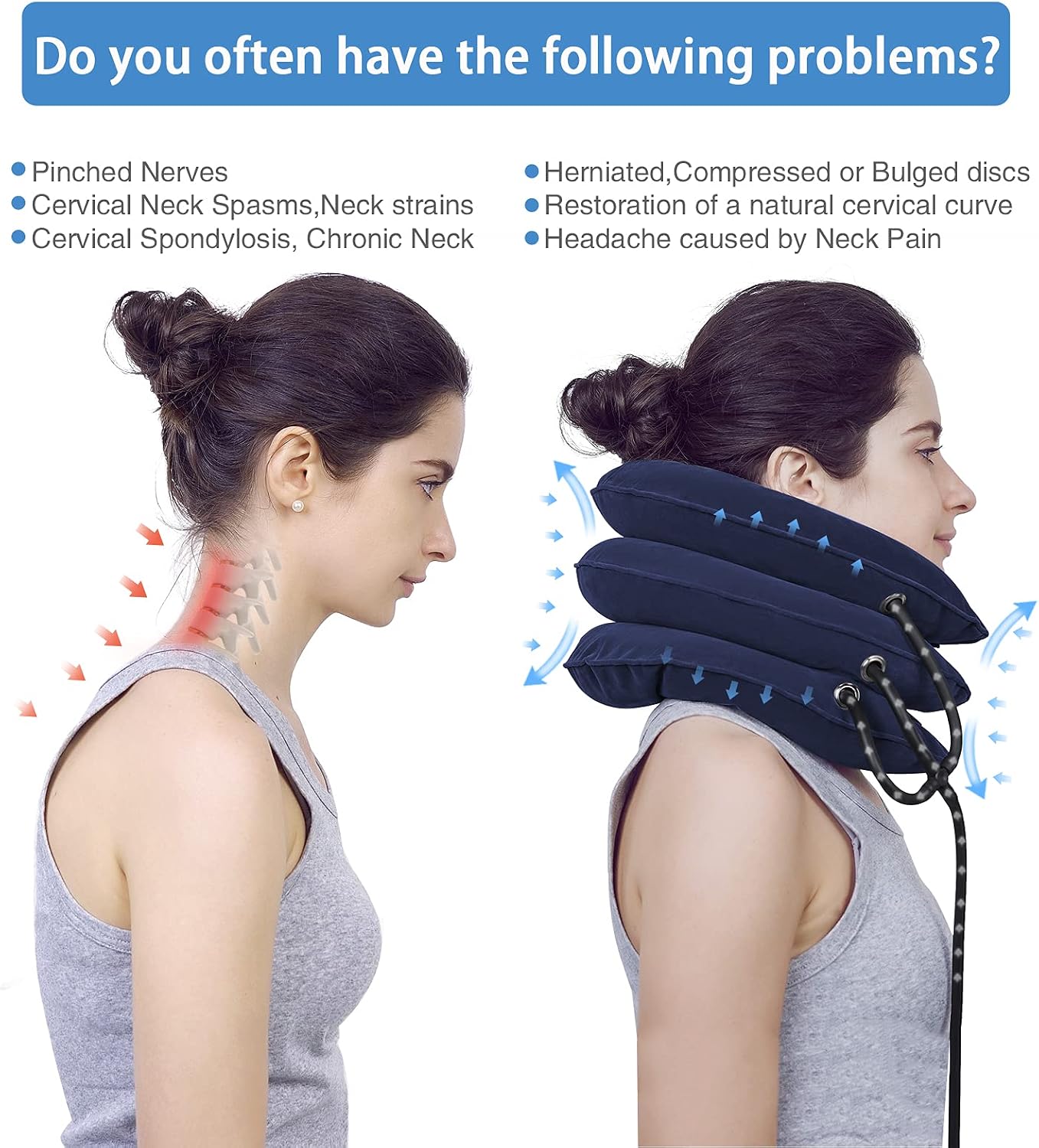 Cervical Neck Traction Device Inflatable Neck Support, Adjustable Neck Brace is Good for Spine Alignment and Chronic Neck Pain Relief, Traction Collar is Easy to Use at Home or Office (Blue)