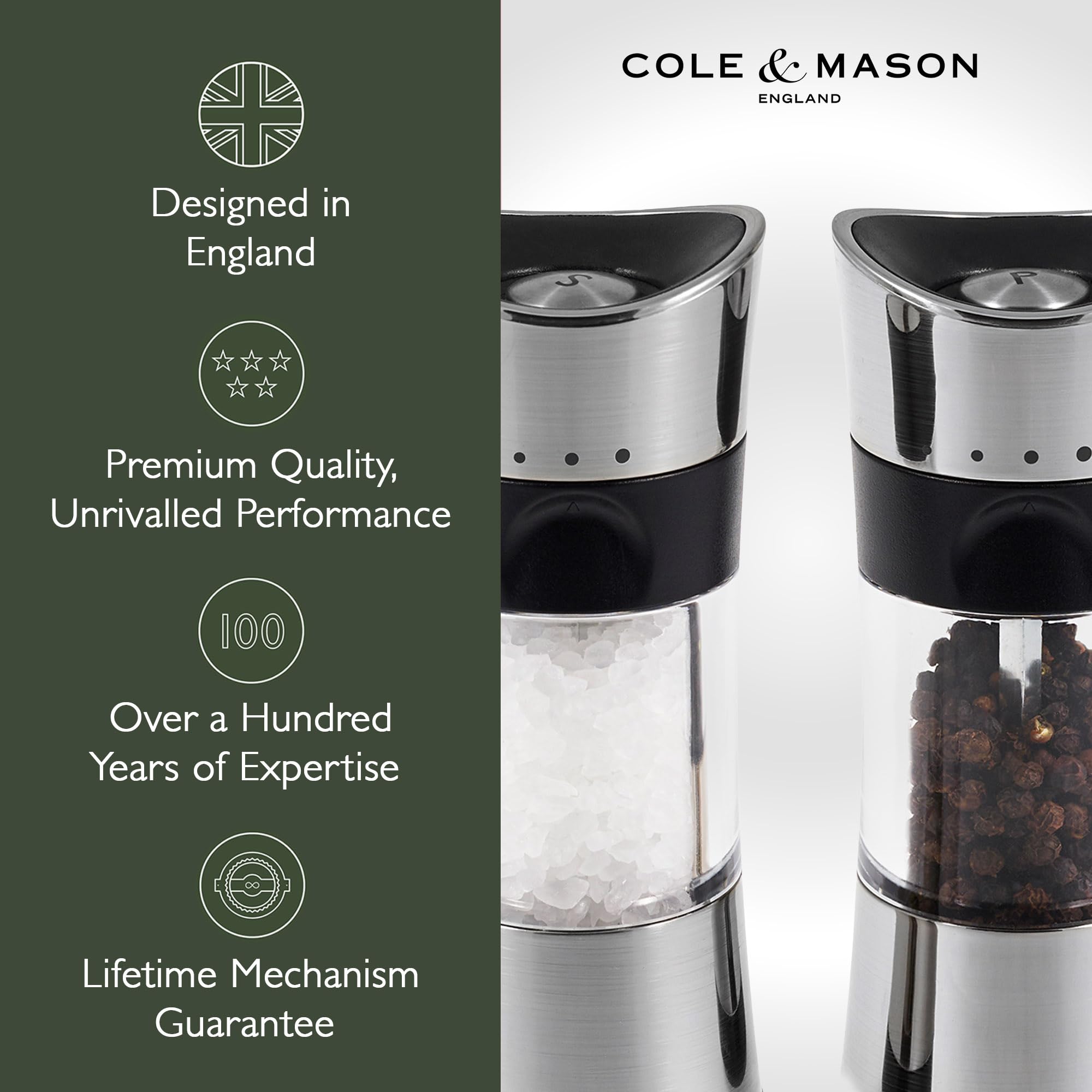 Cole & Mason H306598P Horsham Cromo Macina Sale e Pepe, Precision+, Macinatura Regolabile, Cromo, Acrilico, 154mm, Pacco Regalo, Include 2 x Mulini