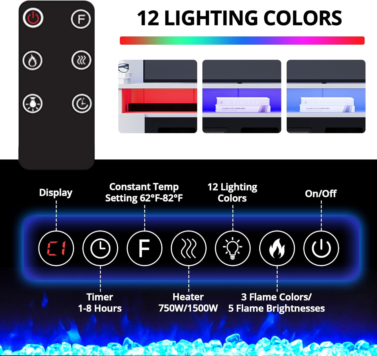 Cozy Castle Fireplace TV Stand for 65 70 75 Inch TV,LED Tv Console Entertainment Center with Storage,30" Electric Fireplace,High Gloss Modern Tv Stand with Charging Station for Living Room,White