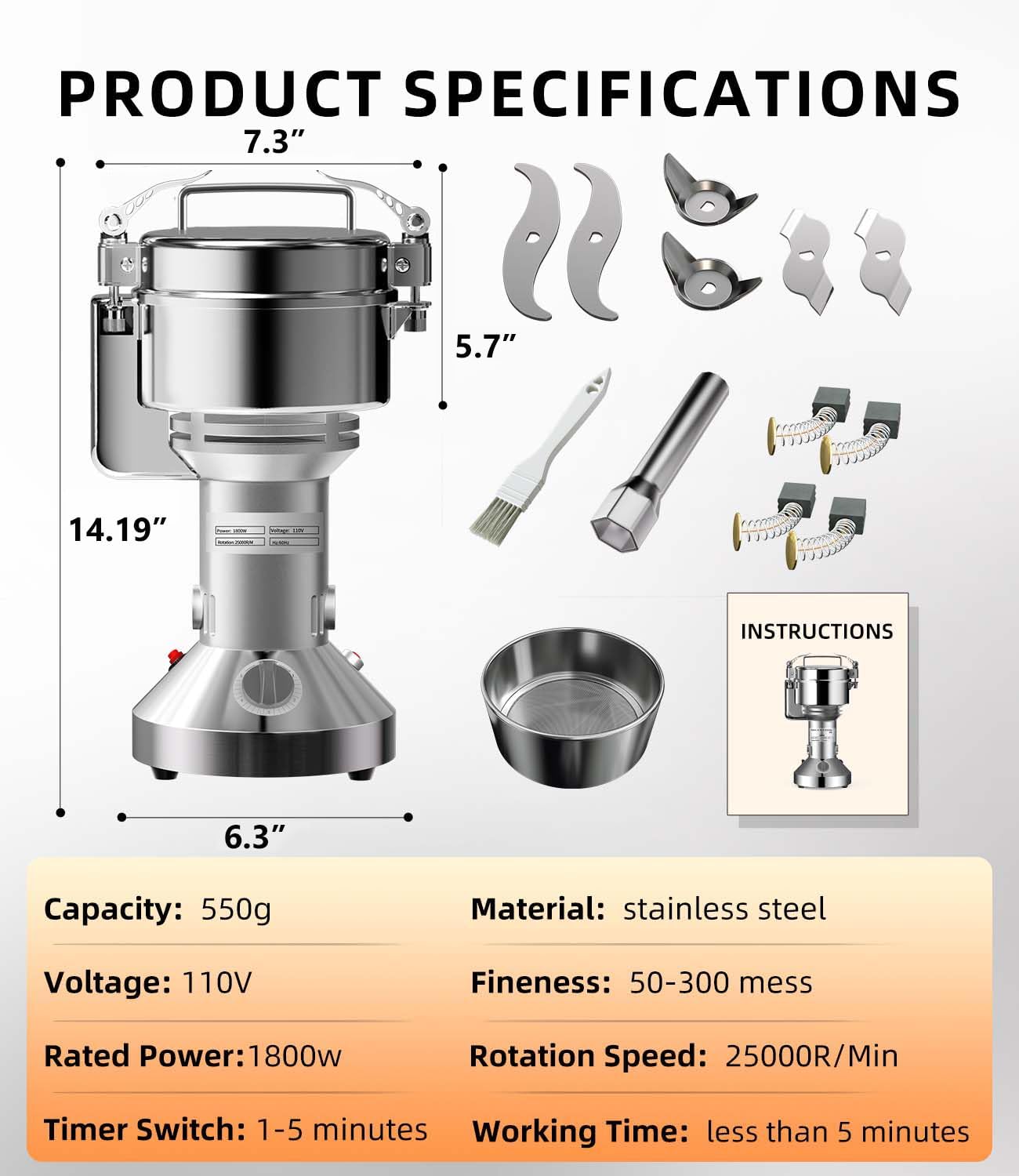 1800W Electric Grain Mill Grinder, 550g High-Speed Stainless Steel Dry Food Grinder for Wheat, Rice, Corn, Spices & Herbs, with Timer & Safety Protection