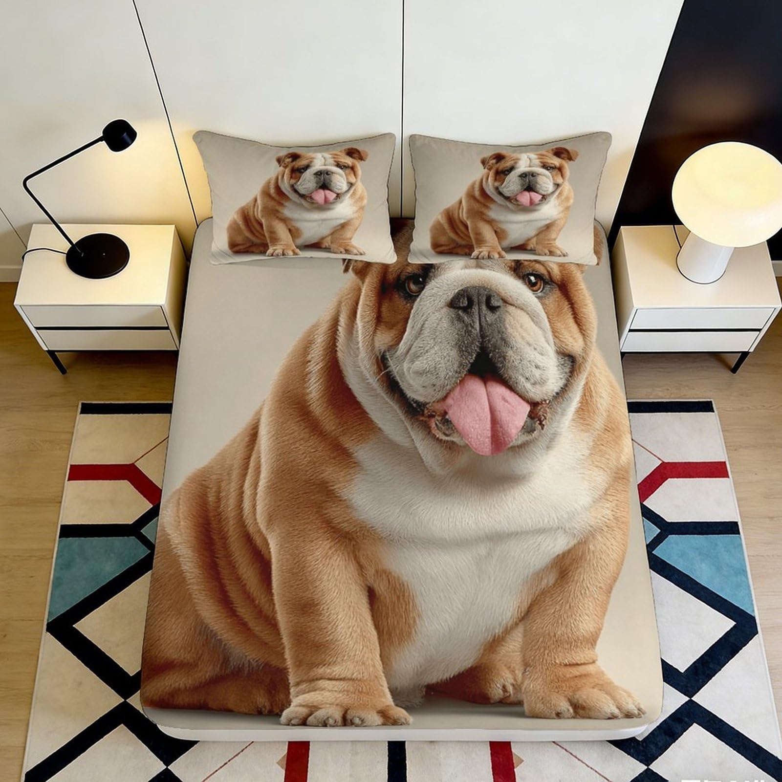 3D Printed Bulldog Dog Fitted Sheet Microfiber Non-slip Mattress Cover for Bedroom Dorm Machine Washable Decor 160x200x25cm