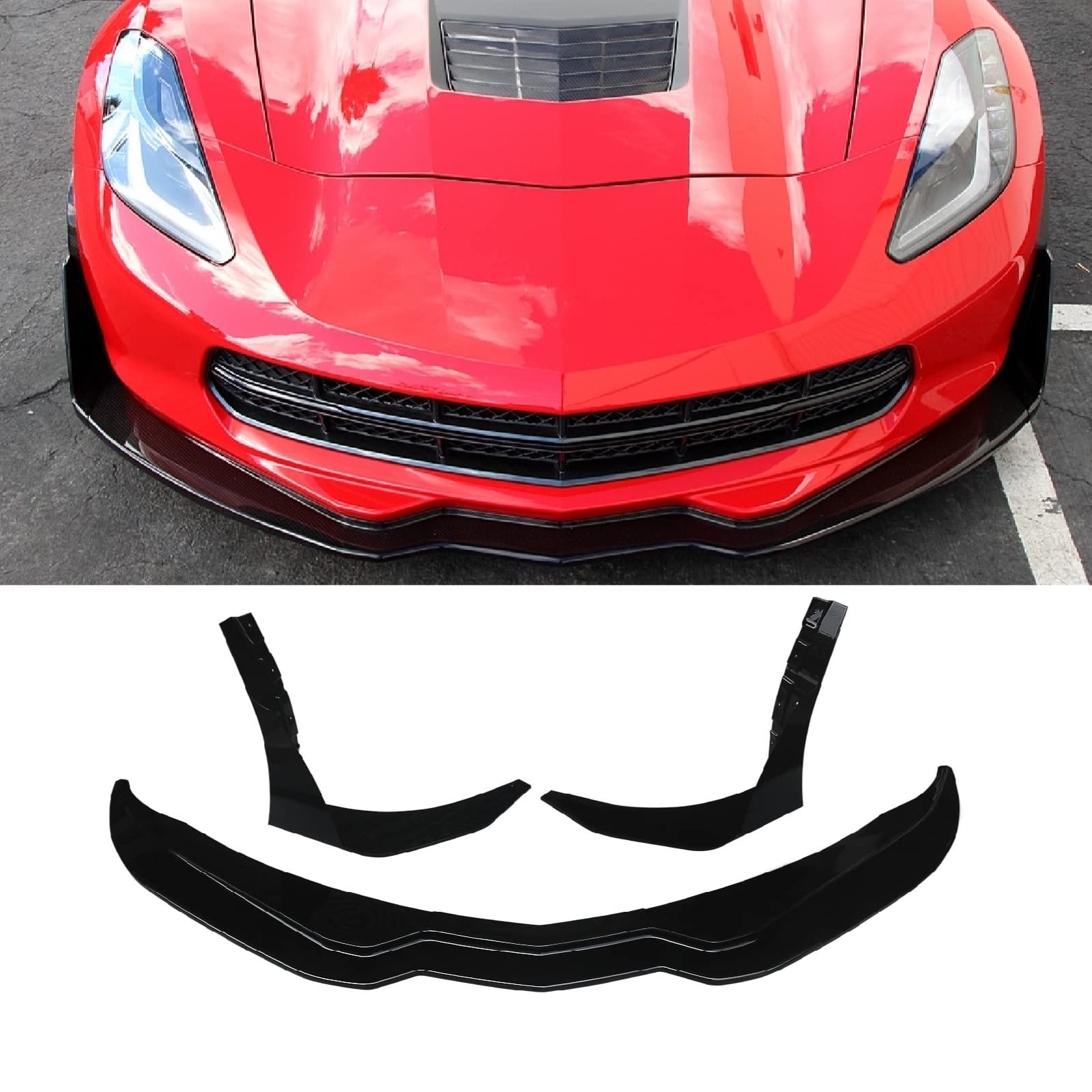 CHIESMA Front Bumper Lip Compatible with 2014-2019 Chevy Corvette C7 Grand Sport ZR1 Stingray Stage 3 with Winglets ABS Gloss Black Chin Front Splitter Extension