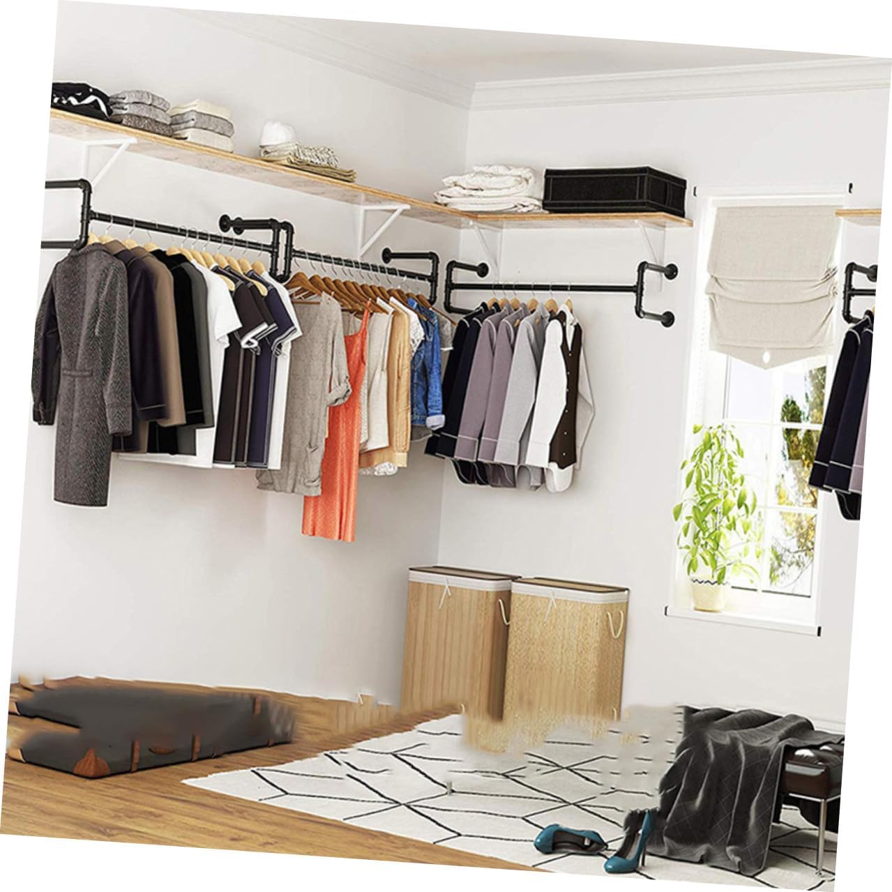 YARNOW Wall-mounted Clothing Rack Industrial Pipe Garment Stand Metal Storage Holder for Home Closet Organization and Clothes Hanging