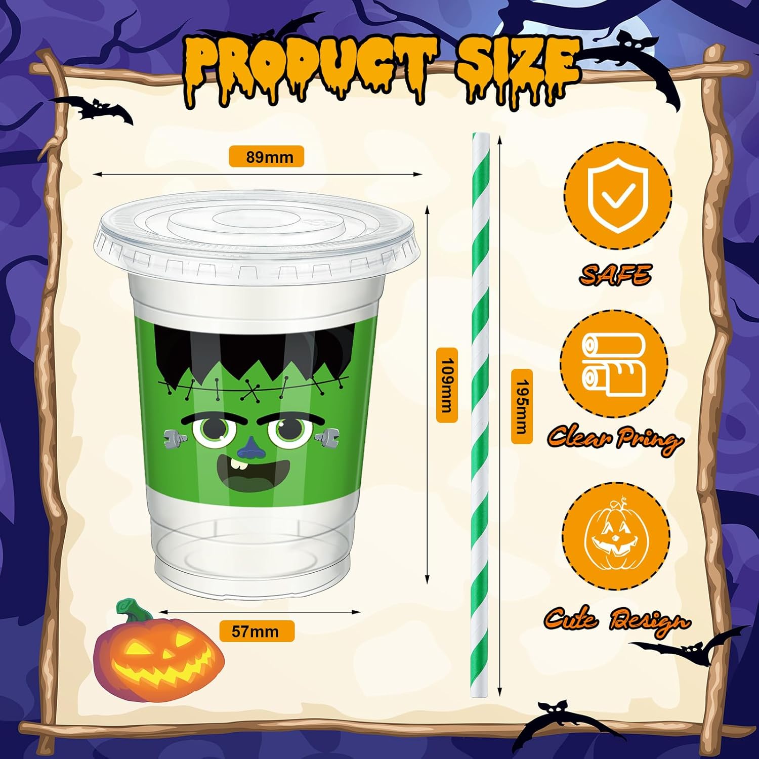 60 Set 12 oz Halloween Plastic Cups Disposable Clear Cups with Lids Paper Straws and Straw Cover for Halloween Party Supply Beer Beverage Snack Coffee Drink Ice Cream - Image 2