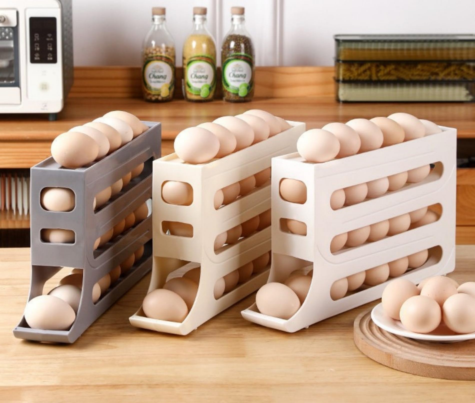 Soporte para 30 huevos para refrigerador, contenedor de huevos de 4 niveles, organizador de huevos con ruedas automáticas para refrigerador, soporte dispensador de huevos que ahorra espacio, estante 5