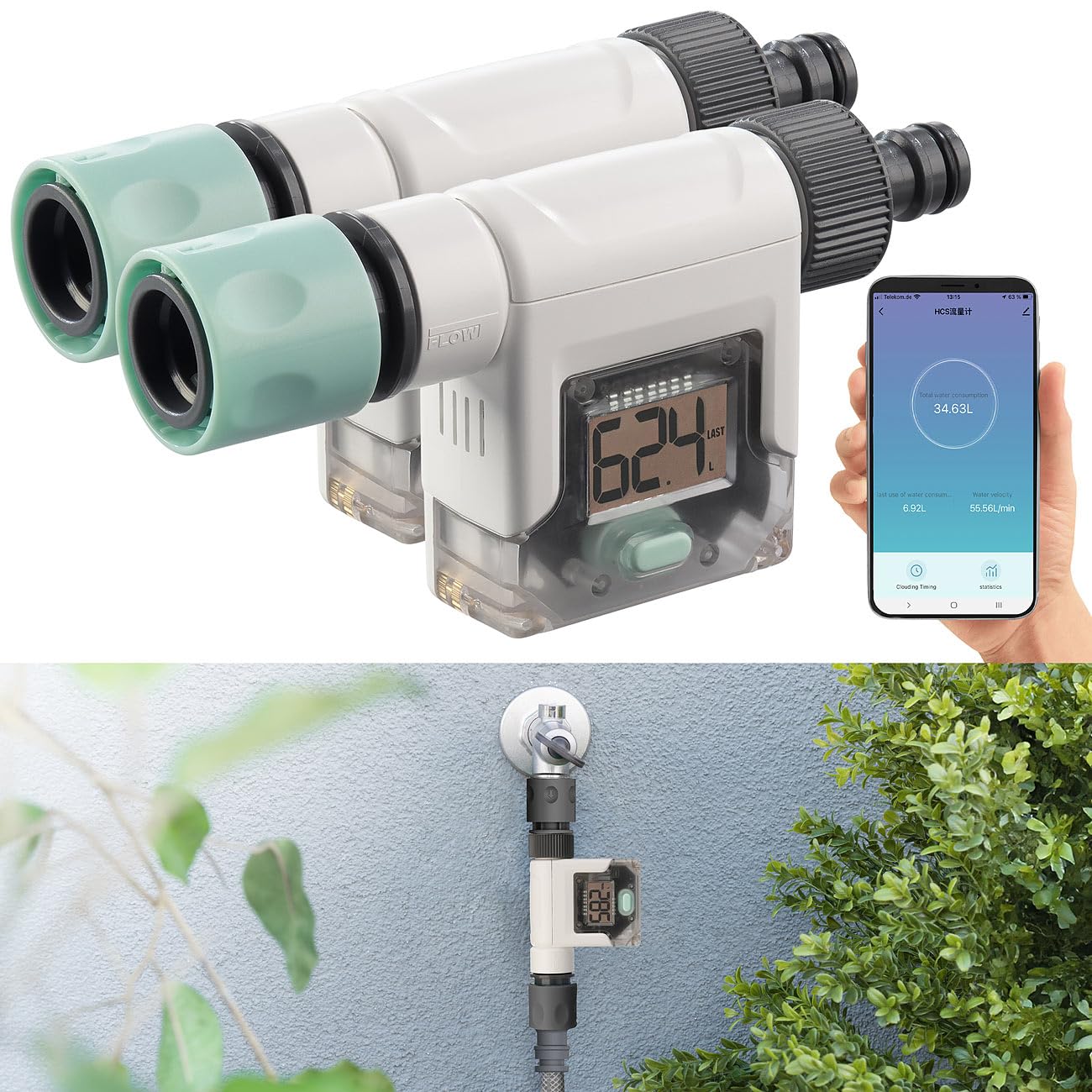 Royal Gardineer Garten-Wasser-Zähler: 2er-Set Smart-Wasserzähler für Gartenschlauch, Display, Bluetooth, App (Waschmaschine-Wasserzähler, Mengenzähler, Adapter)