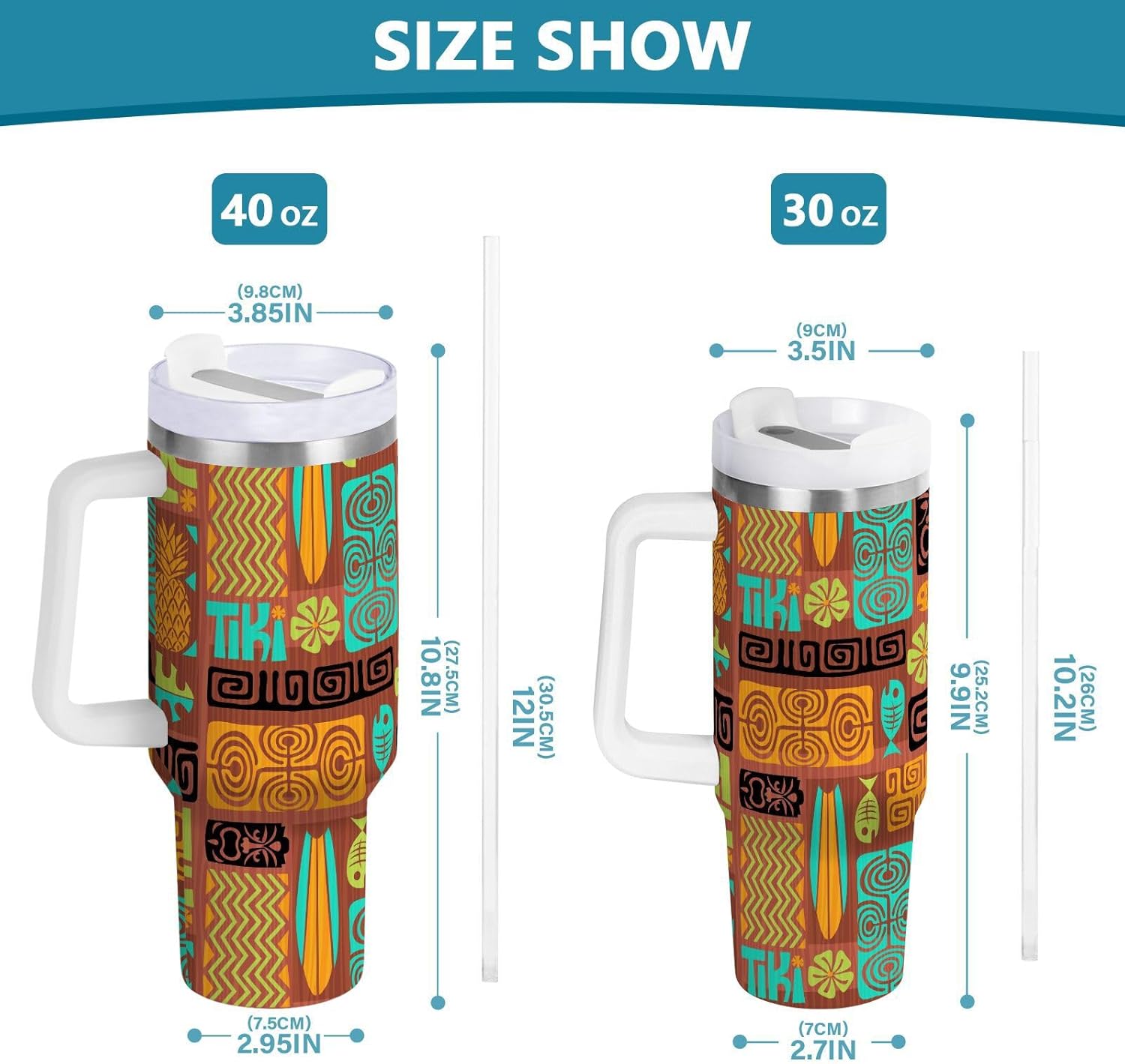 30 oz Tumbler with Straw & Handle - 2 in 1 Lids Leak Proof Tumblers - Large Insulated Stainless Steel Cup Water Bottle Travel Metal Mug for Women Man,Retro Hawaiian Brown Tiki