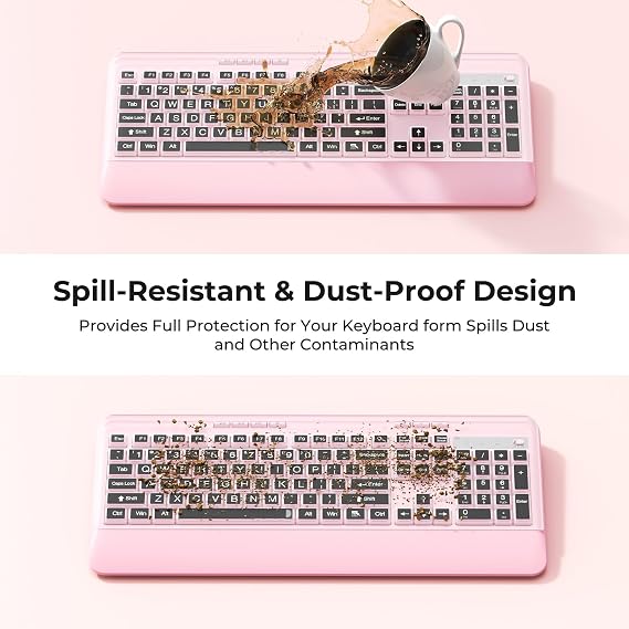 Pink Wireless Keyboard and Mouse Combo, Full-Sized Cordless Keyboard with Wrist Rest and 3 DPI Adjustable Mouse, 2.4GHz Silent Full-Size Keyboard and Mouse for Computer, Desktop and Laptop