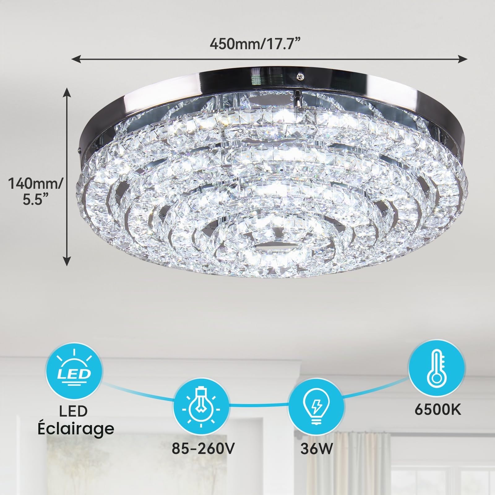 lustre en cristal plafonnier encastré moderne Grand lustre LED Entrée chambre salon salle à manger (blanc froid 6000k)