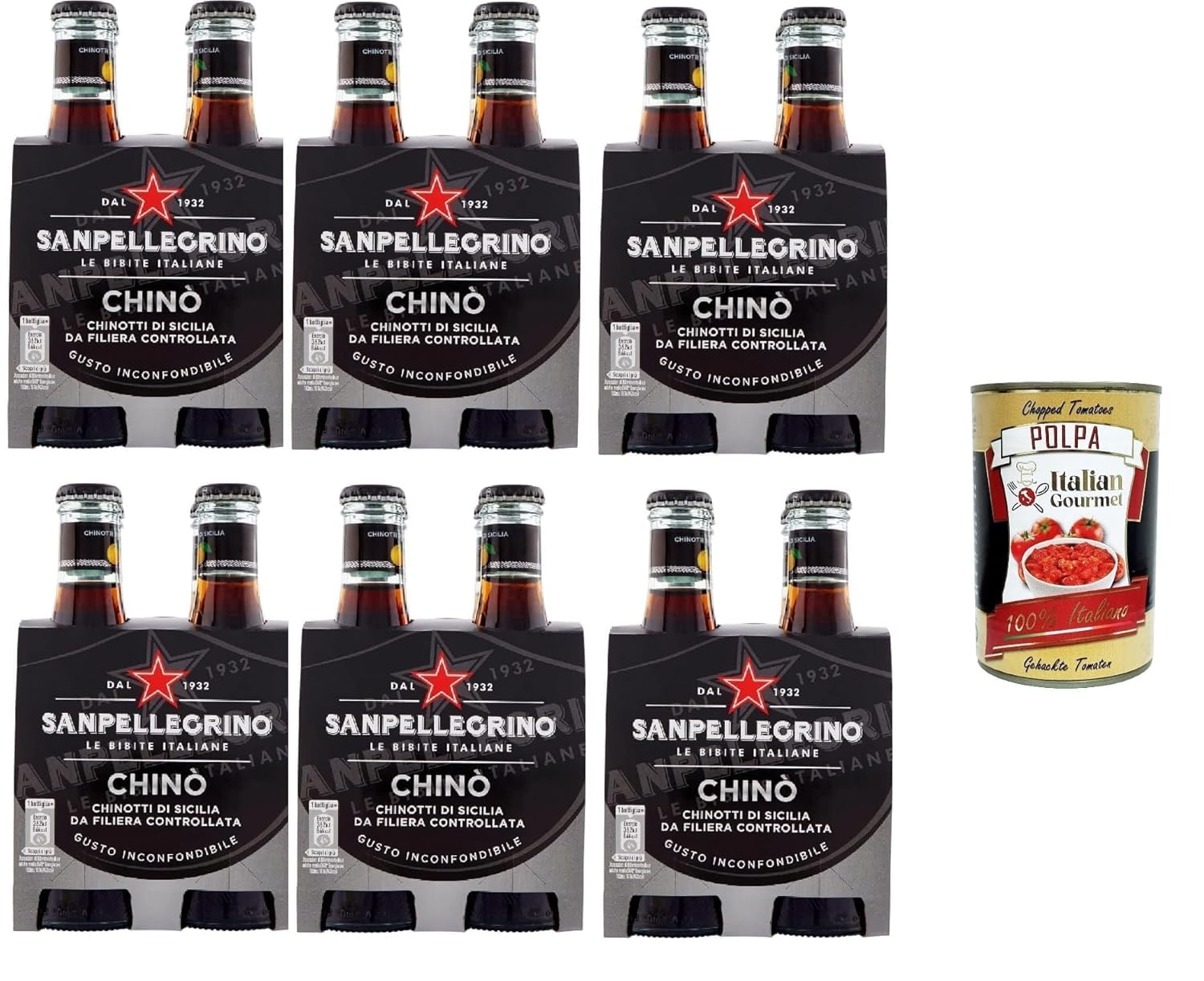 Italian Gourmet Bundle Sanpellegrino Chinò 24 x 20 cl, 4,8 L, Boisson Gazeuse Italienne au Chinotto, Bouteilles en Verre, Chinotti de Sicile, Goût Intense et Amer-Doux + Italian Gourmet Polpa