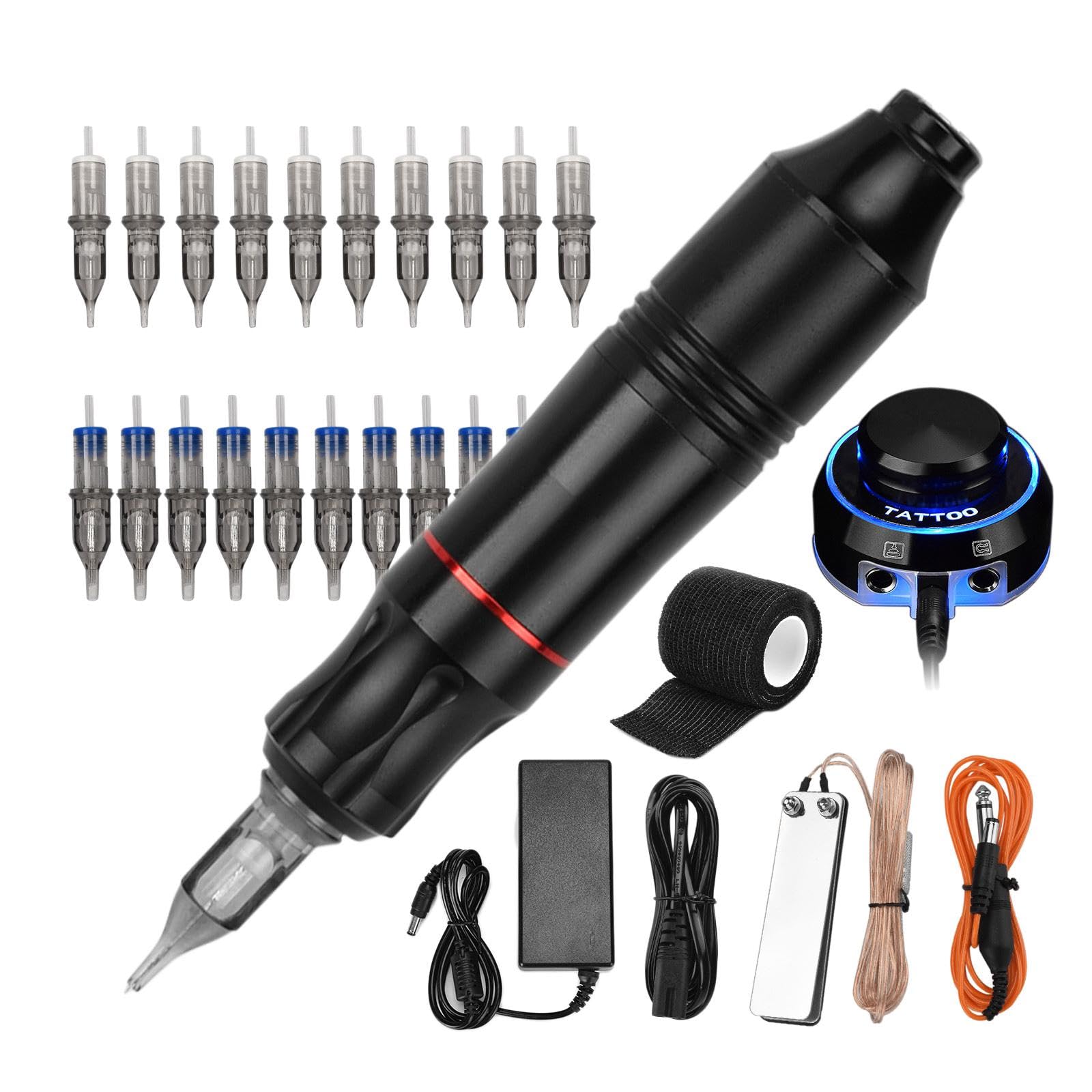 BNF® Pen Kit Rotary Machine 20 Mixed Cartridge Needles for Beginers Black|s & Body Art|Complete Kits|1 x Black Double Ring Hexagonal Long Pen Motor Machine (Including DC Hook line)-image-5