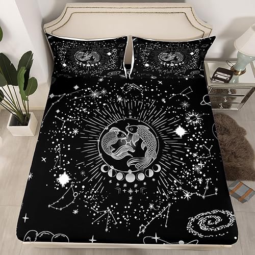 Vista 22 de Erosebridal Aries - Sábana bajera ajustable tamaño matrimonial, sábanas psicodélicas celestiales, sábanas de galaxia trippy de doce constelaciones