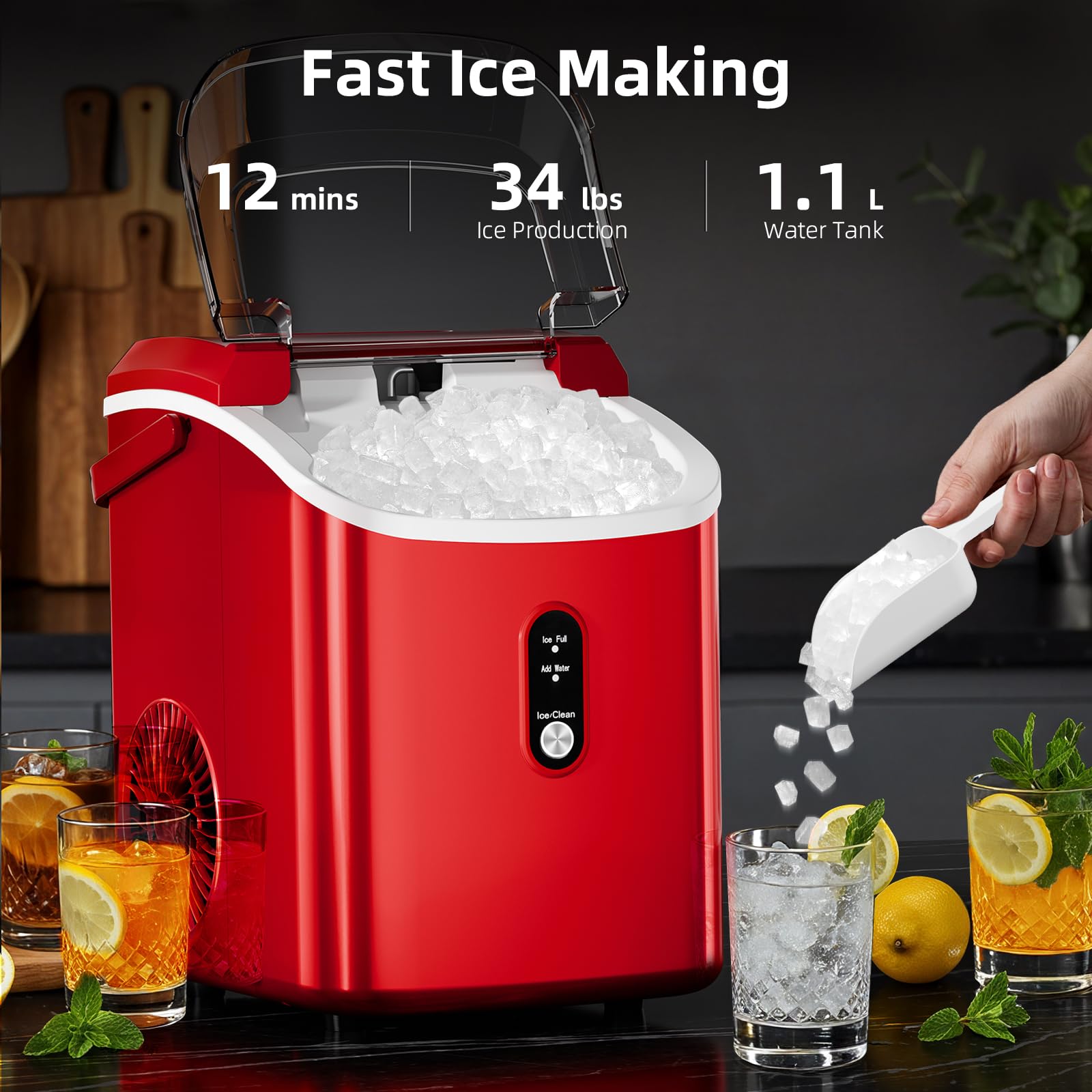 Nugget Countertop Ice Maker With Soft Chewable Pellet Ice, 34lbs/24h,Pebble Portable Ice Machine With Ice Scoop, Self-Cleaning, One-Click Operation, For Kitchen/Office/Bar, Red on Fridge.com - View 2