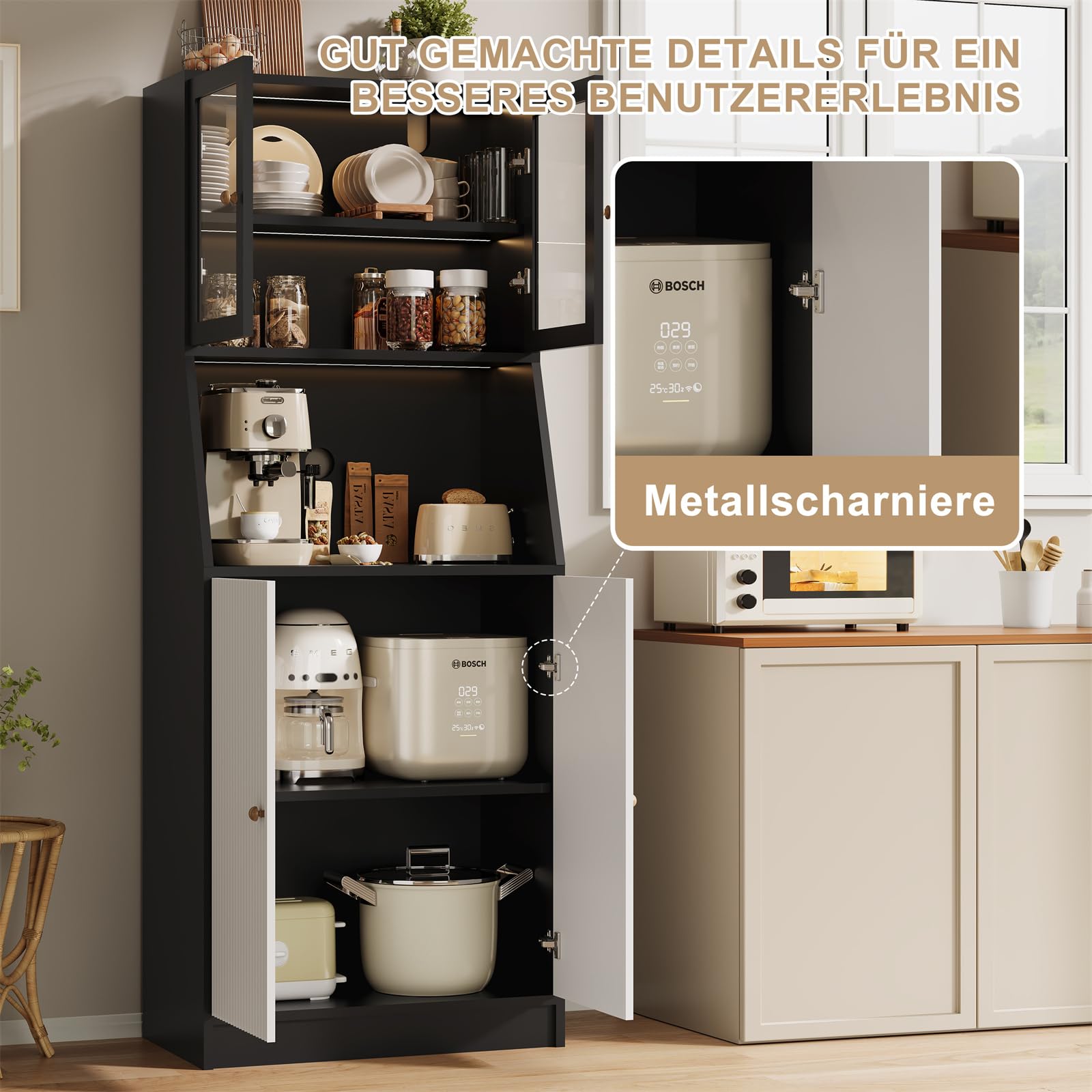 Küchenschrank mit Arbeitsfläche, Buffetschrank mit LED, Mehrzweckschrank, pantryküche, Vorratsschrank mit verstellbaren küchenregal, Küche, Wohnzimmer, Esszimmer, Kabelloch,Schwarz,180x70x40cm