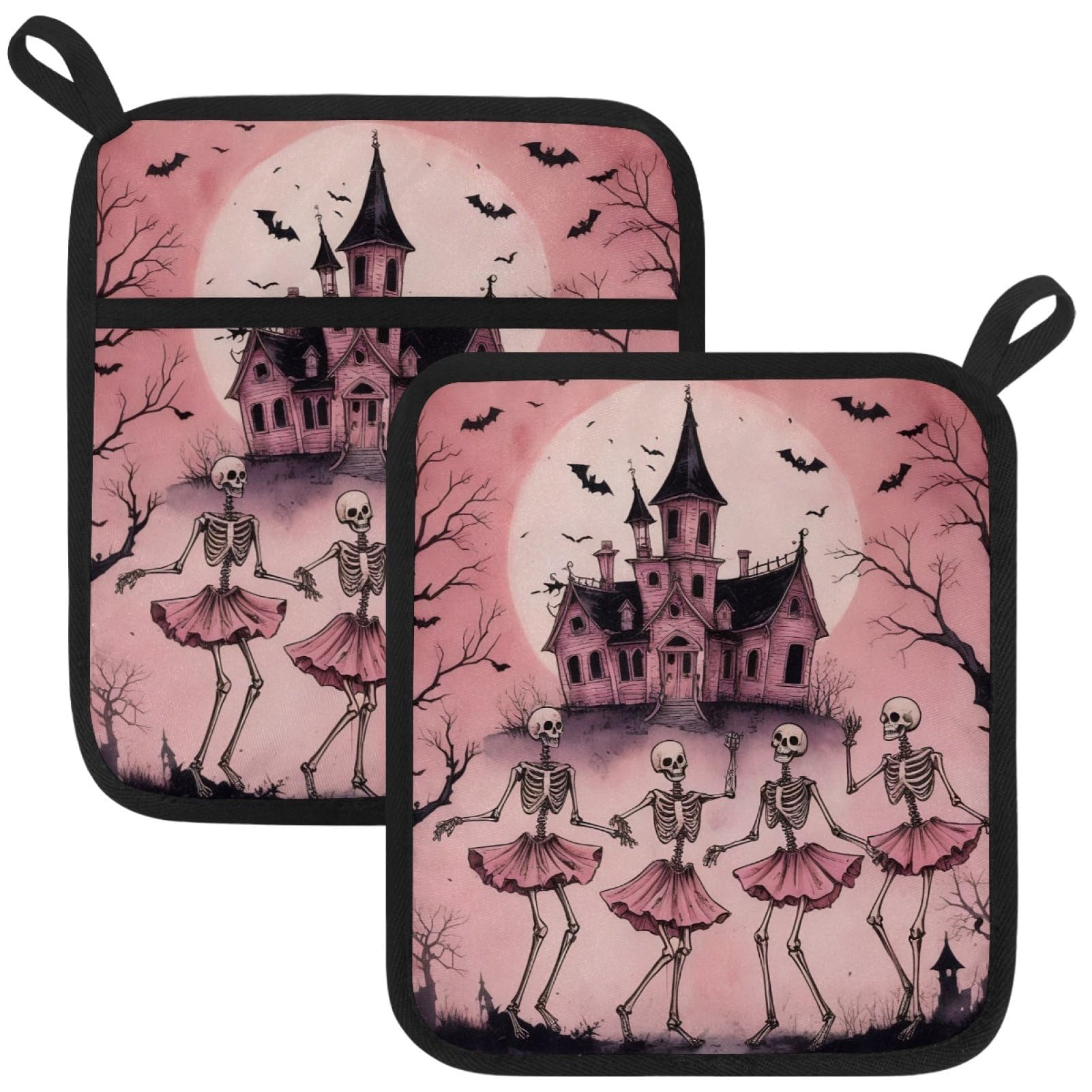 VAPOKF Pink Skull Castle Pot Holders with Pocket for Kitchen Heat Resistant Potholders Large Polyester-Cotton Square Oven Mitts Set