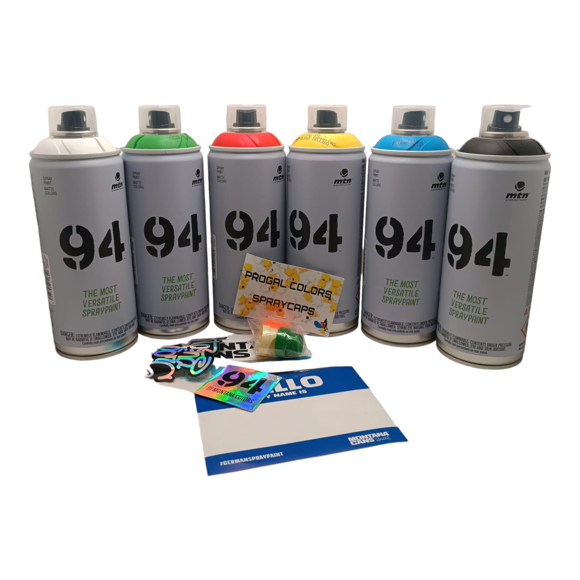 PROGAL COLORS Set Montana 9 4 bombolette spray Montana Streetart Matt Graffiti 6 x 400 ml Set contiene un regalo di adesivi + 3 diffusori di ricambio