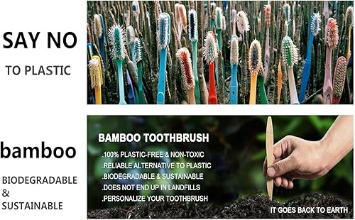 Miniatura 7 de Cepillo de dientes de bambú con cerdas de carbón suave, paquete de 10 cepillos de dientes de madera natural, mango redondo con fondo de pie de