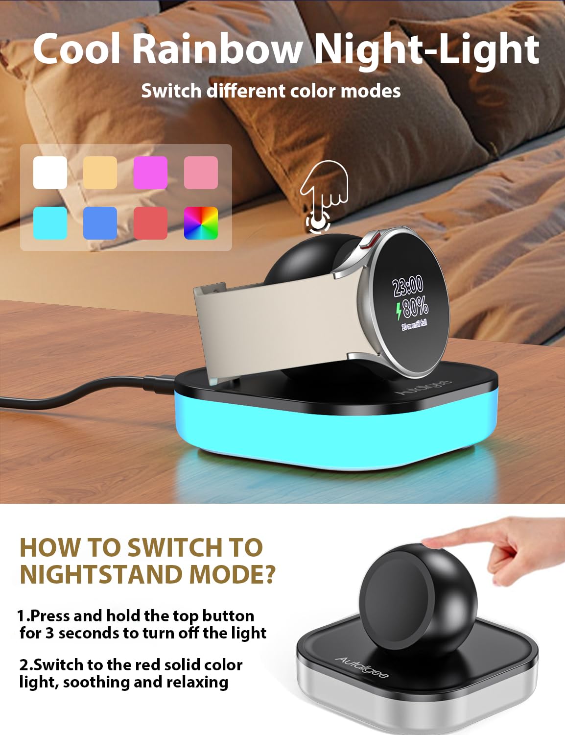 Supporto di ricarica per Samsung Galaxy Watch, dock di ricarica magnetico con luce e cavo USB per orologio 8/8 Classic/Ultra (2025)/Ultra/7/6/6 Classic/5/5 Pro/4/4 Classic/3/Active/FE