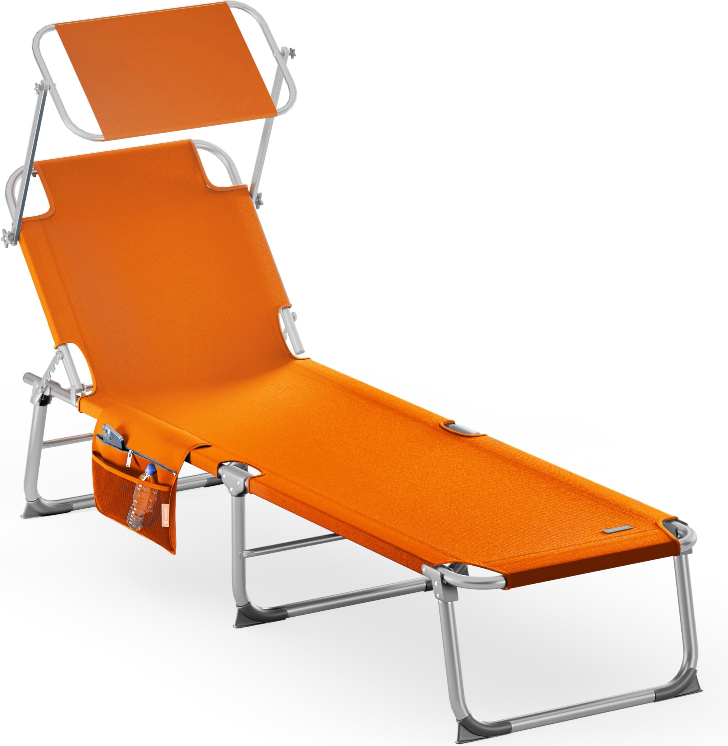 CASARIA® Ibiza Folding Sun Lounger with Adjustable Canopy | Weatherproof Aluminium Frame | Carrying Handle | 190x59x29cm | 150kg Capacity | Garden Beach Shade Bed Compact | Orange