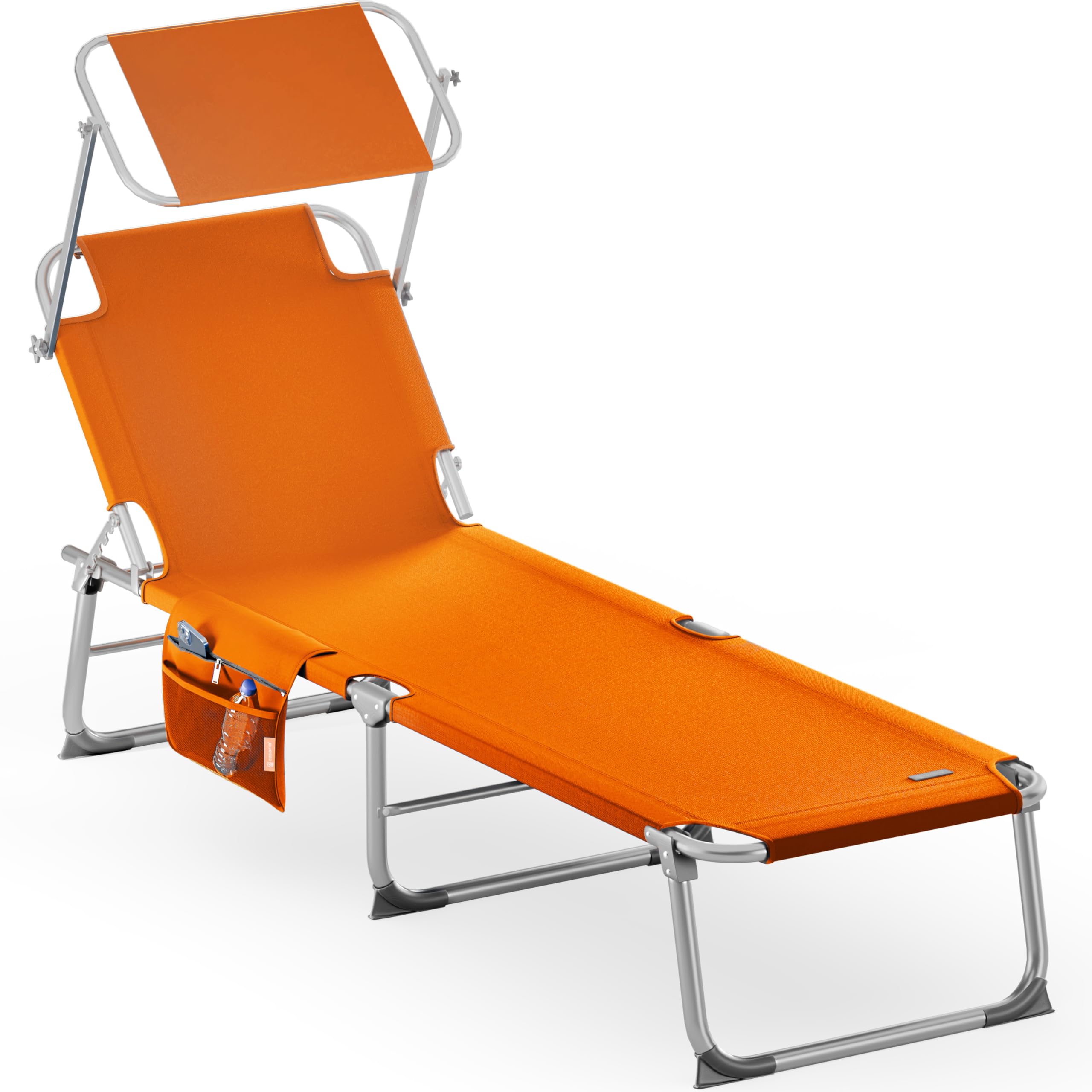CASARIA® Ibiza Folding Sun Lounger with Adjustable Canopy | Weatherproof Aluminium Frame | Carrying Handle | 190x59x29cm | 150kg Capacity | Garden Beach Shade Bed Compact | Orange