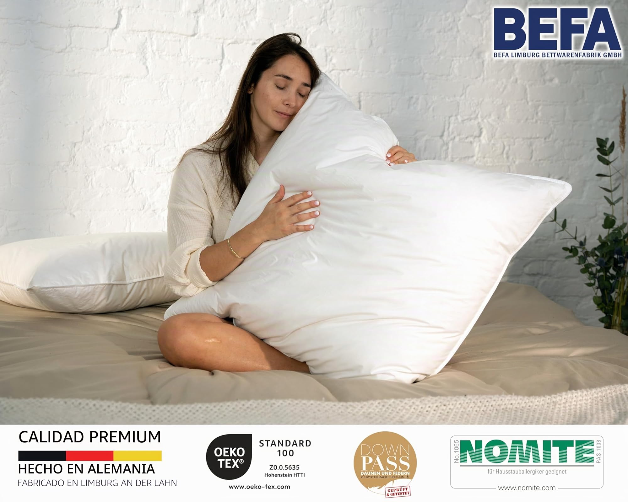 BEFA NATUR Almohada de Plumas 80x80 cm – Algodón – Fabricado en Alemania | 1125g peso de relleno • Funda de algodón transpirable • NOMITE • DOWNPASS • lavable 60 °C • OEKO-TEX • Fabricado en Alemania