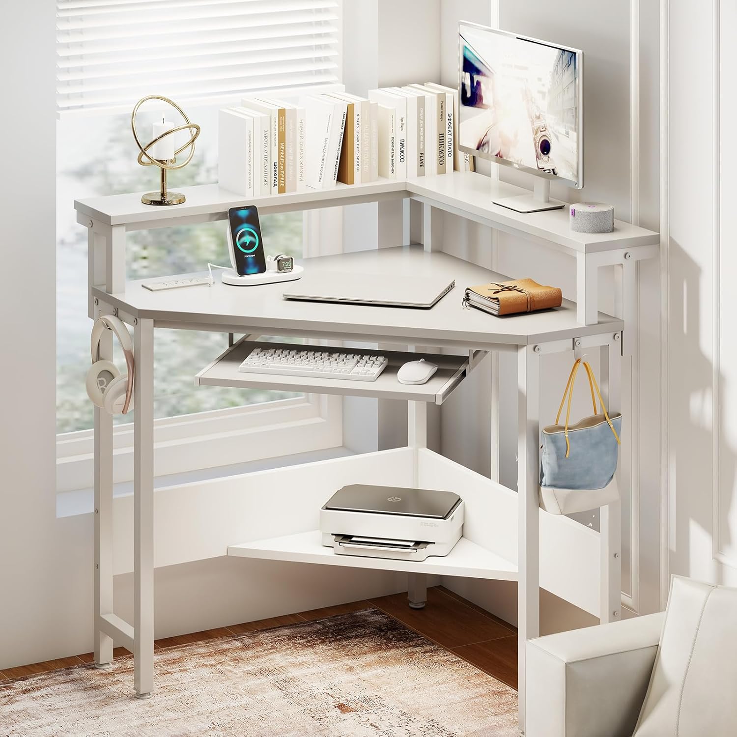 DUMOS Conner Desk Home Office Computer Desk for Small Space with LED Lights Gaming Table with Storage Shelves Power Outlets Monitor Stand Keyboard Tray for Bedroom, White