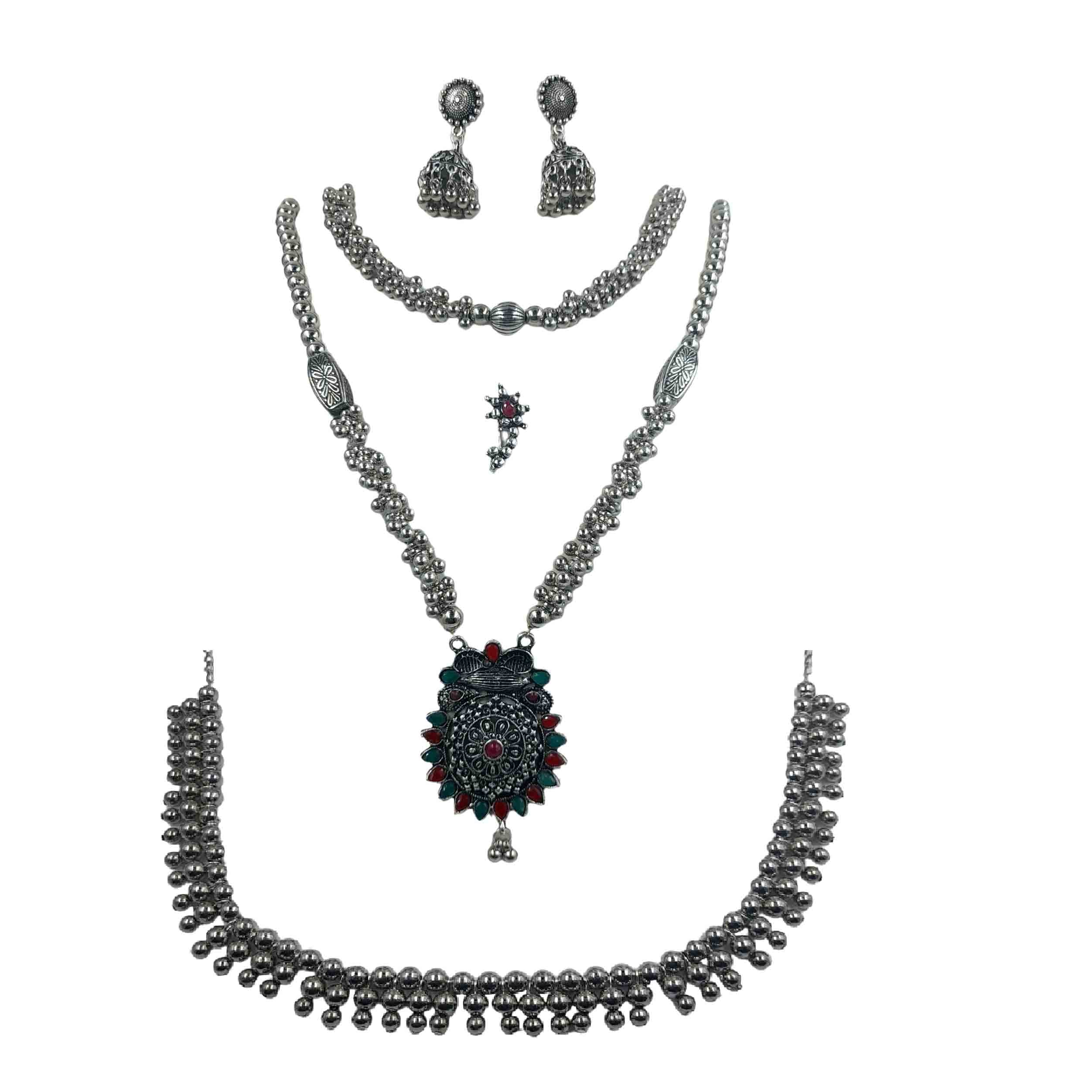 Swaroop Designer Stylish Oxidised Silver Long And Short Jewellery Set With Kamarband Nosepin Zumki Set Combo for Saree (B0BFB6DF57) Amazon Price History, Amazon Price Tracker
